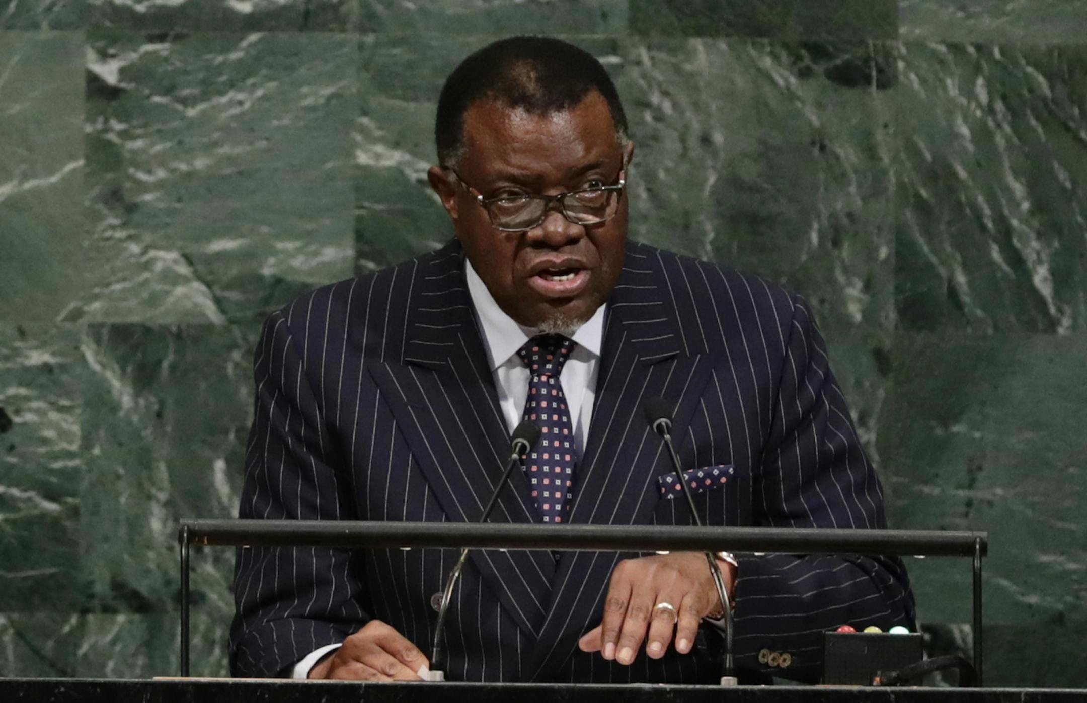Namibia's President Hage Geingob speaks at the United Nations General Assembly Wednesday, Sept. 20, 2017, at the U.N. headquarters. (AP Photo/Frank Franklin II)