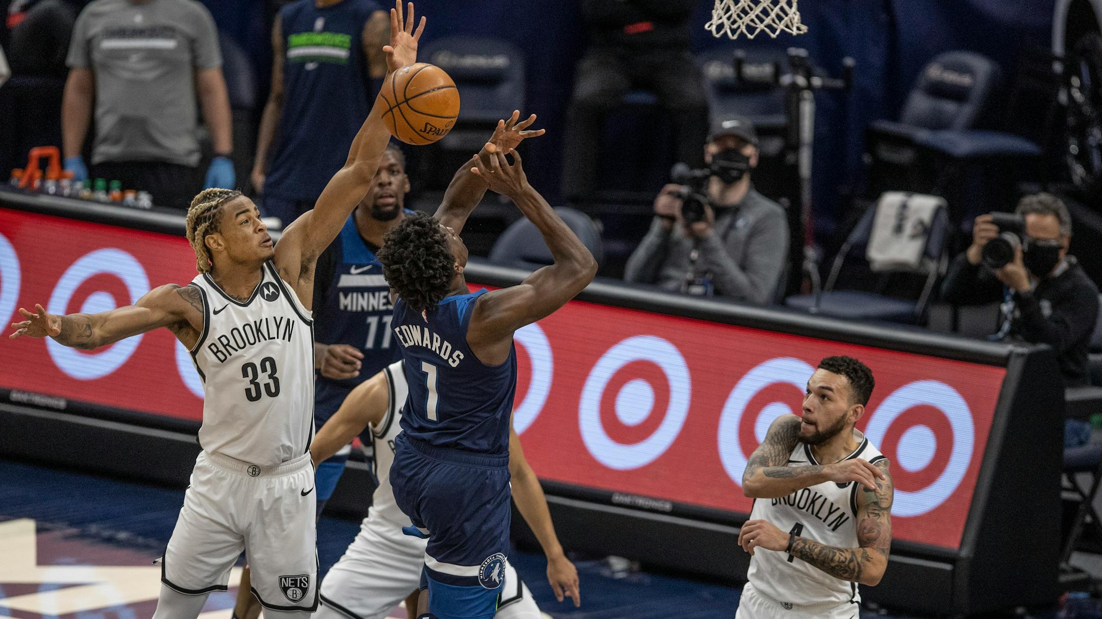 Brooklyn Nets forward Nicolas Claxton (33) blocked a shot by Minnesota Timberwolves forward Anthony Edwards (1) at Target Center on April 13, 2021 in Minneapolis.