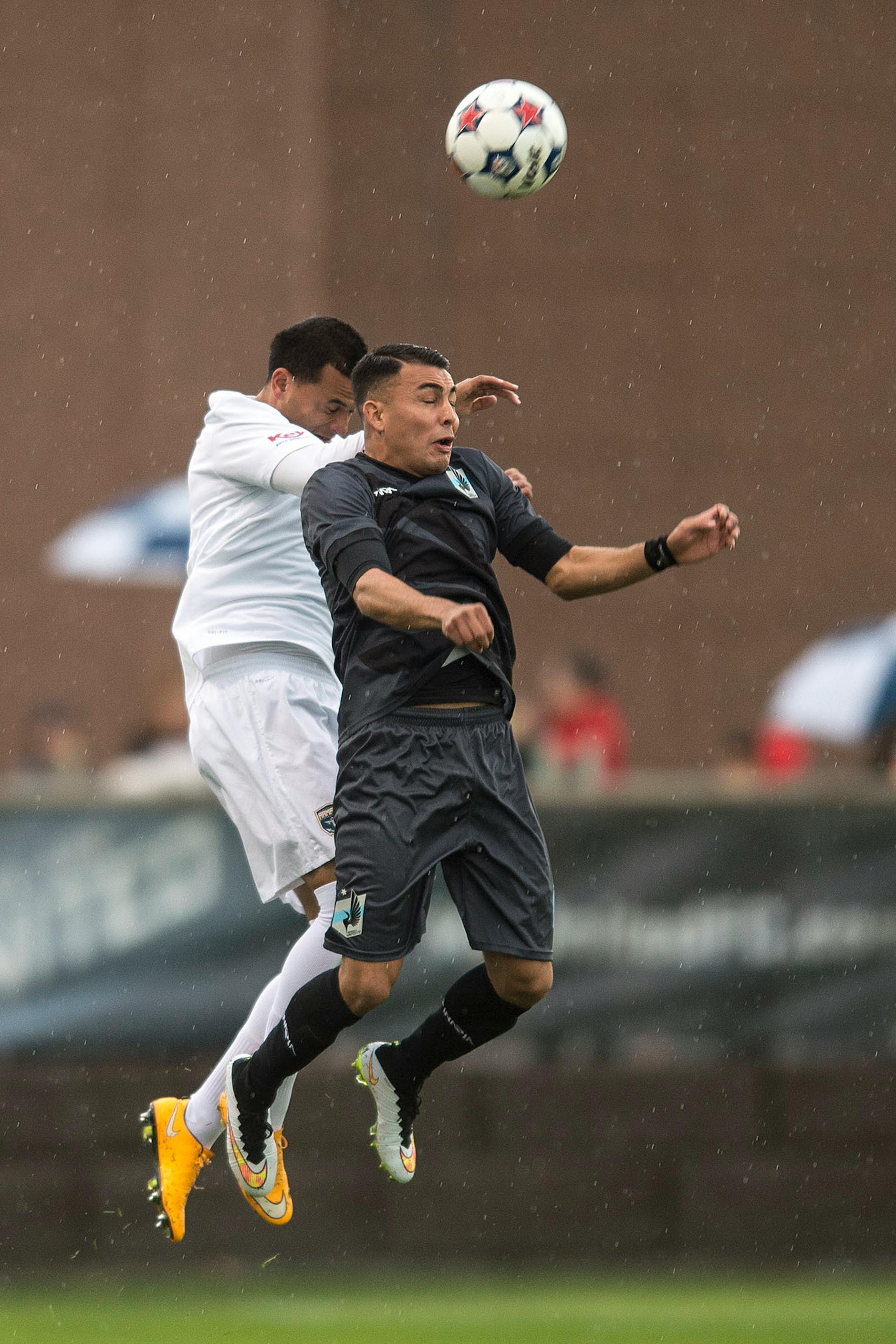 Jacksonville Armada FC's Shawn Nicklaw and Minnesota United FC's Miguel Ibarra went up for a header during the first half of Saturday night's game. ] Aaron Lavinsky • aaron.lavinsky@startribune.com Minnesota United FC played Jacksonville on Saturday, May 23, 2015 at the National Sports Center in Blaine.