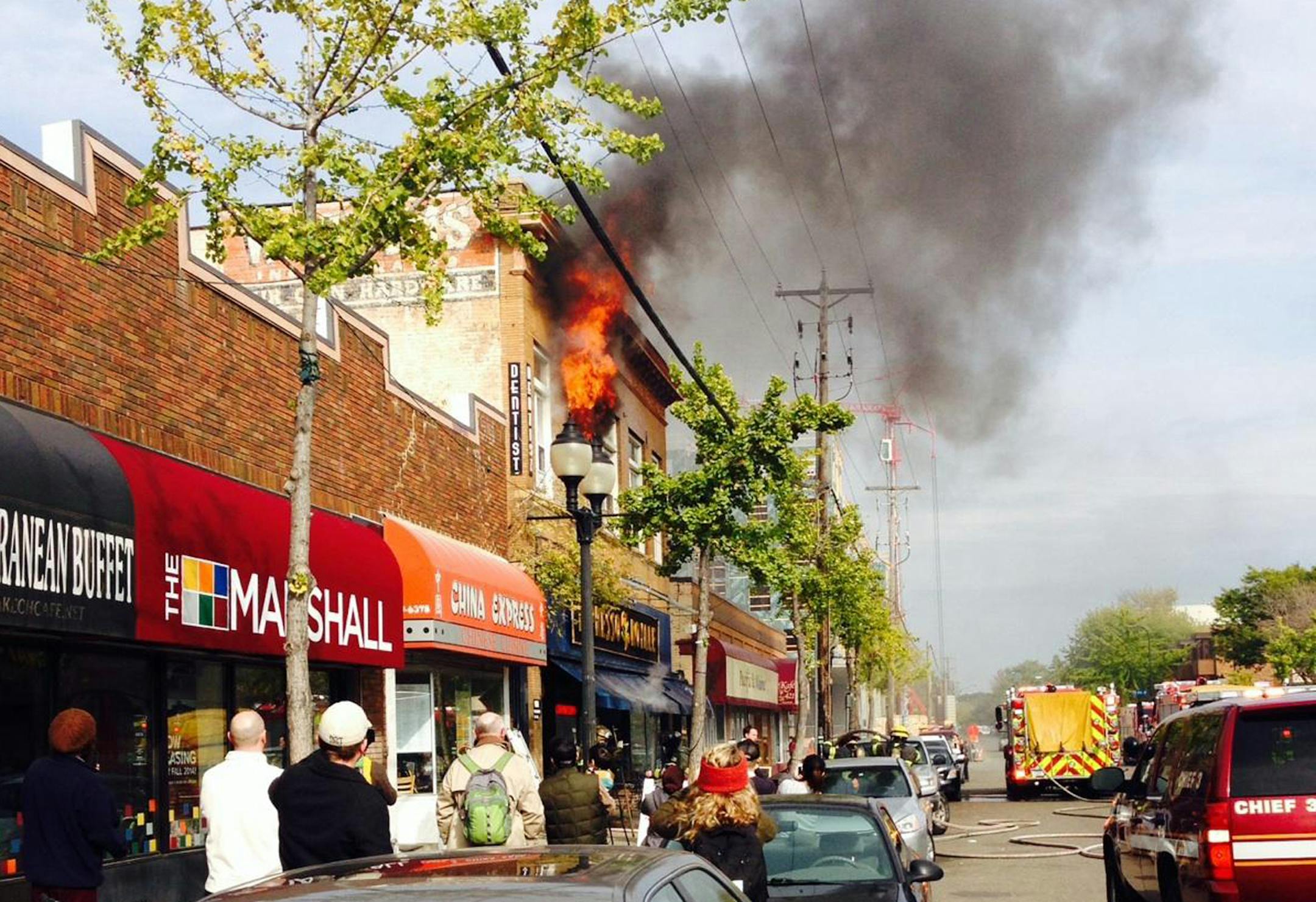 Apartments caught fire Friday above a Dinkytown coffee shope during the lunch period near the University of Minnesota. Several fire trucks responded to the flames above Espresso Royale, 411 14th Av. SE., shortly after noon. The blaze was under control within an hour or so, said Stephen Wood, who works at a nearby pizza place.