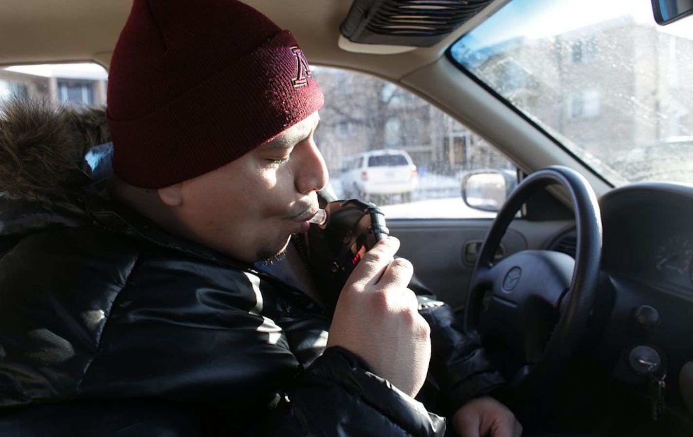 KYNDELL HARKNESS �kharkness@startribune.com 01/01/10DWI drivers[Cesar Baltierrez, a third-time DWI offender, demonstrated how the device works on his car. Baltierrez blew into the the device and had a blood alcohol level below .02 before his car will start.