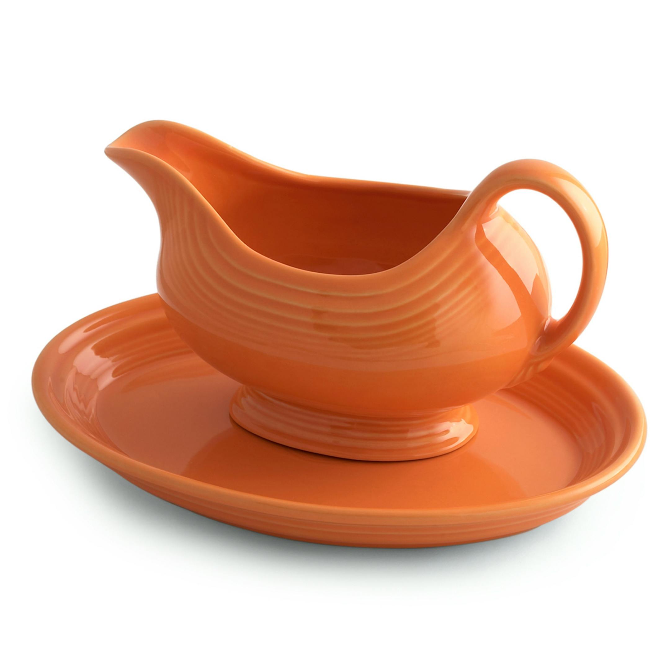 Fiesta sauce boat with tray, $34.99. Lead-free china with glaze in 13 colors; safe in dishwasher, oven or microwave. Online at www.jcpenney.com .