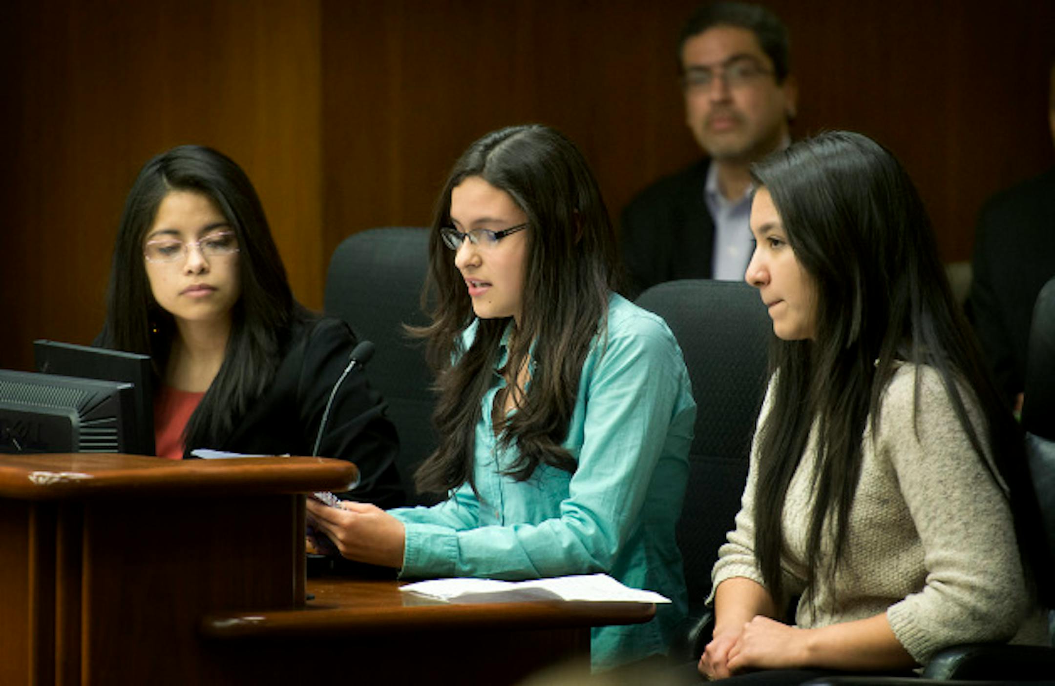Three undocumented students Alejandra Barrera, Thalia Estrada and Joycelin Hernandez spoke on behalf of Rep. Carlos Mariani's bill to allow undocumented students to pay instate tuition to Minnesota colleges and universities.  - (D-St. Paul) Wednesday, April 4, 2013  ]   GLEN STUBBE * gstubbe@startribune.com