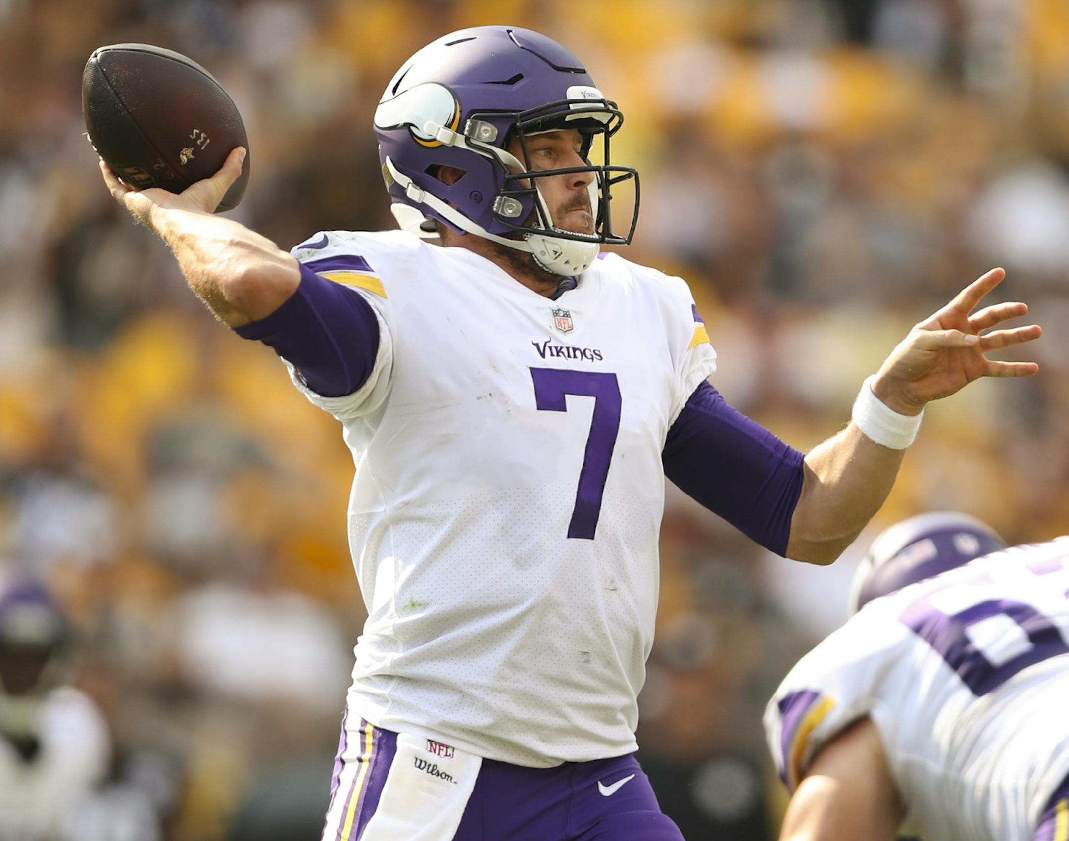 Minnesota Vikings quarterback Case Keenum got ready to throw what proved to be an incomplete pass in the fourth quarter. ] JEFF WHEELER ï jeff.wheeler@startribune.com The Minnesota Vikings lost 26-9 to the Pittsburgh Steelers in an NFL football game Sunday afternoon, September 17, 2017 at Heinz Field in Pittsburgh.