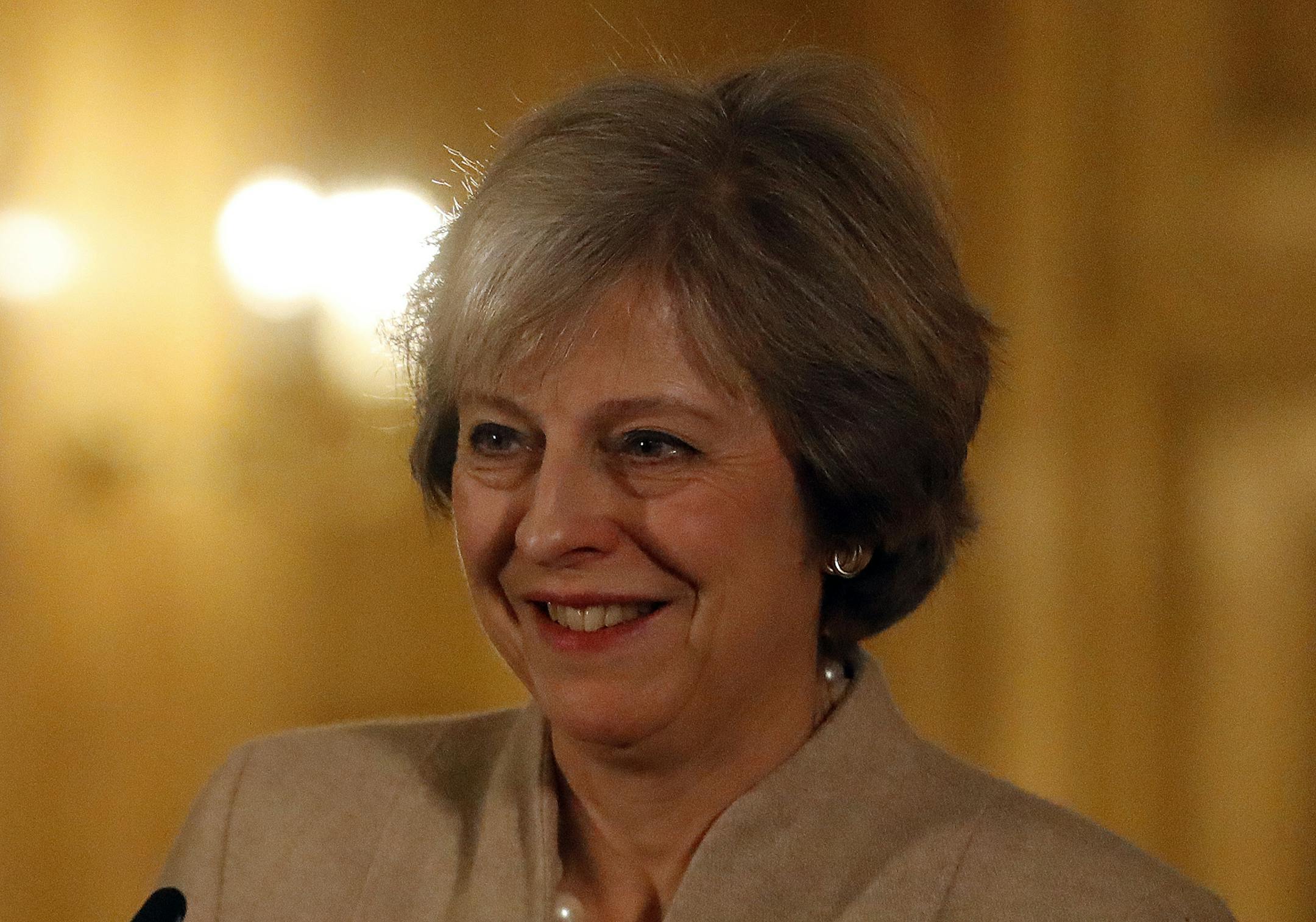 Britain's Prime Minister Theresa May speaks during a press conference with New Zealand's Prime Minster Bill English at 10 Downing Street in London, Friday, Jan. 13, 2017.(AP Photo/Frank Augstein, pool)