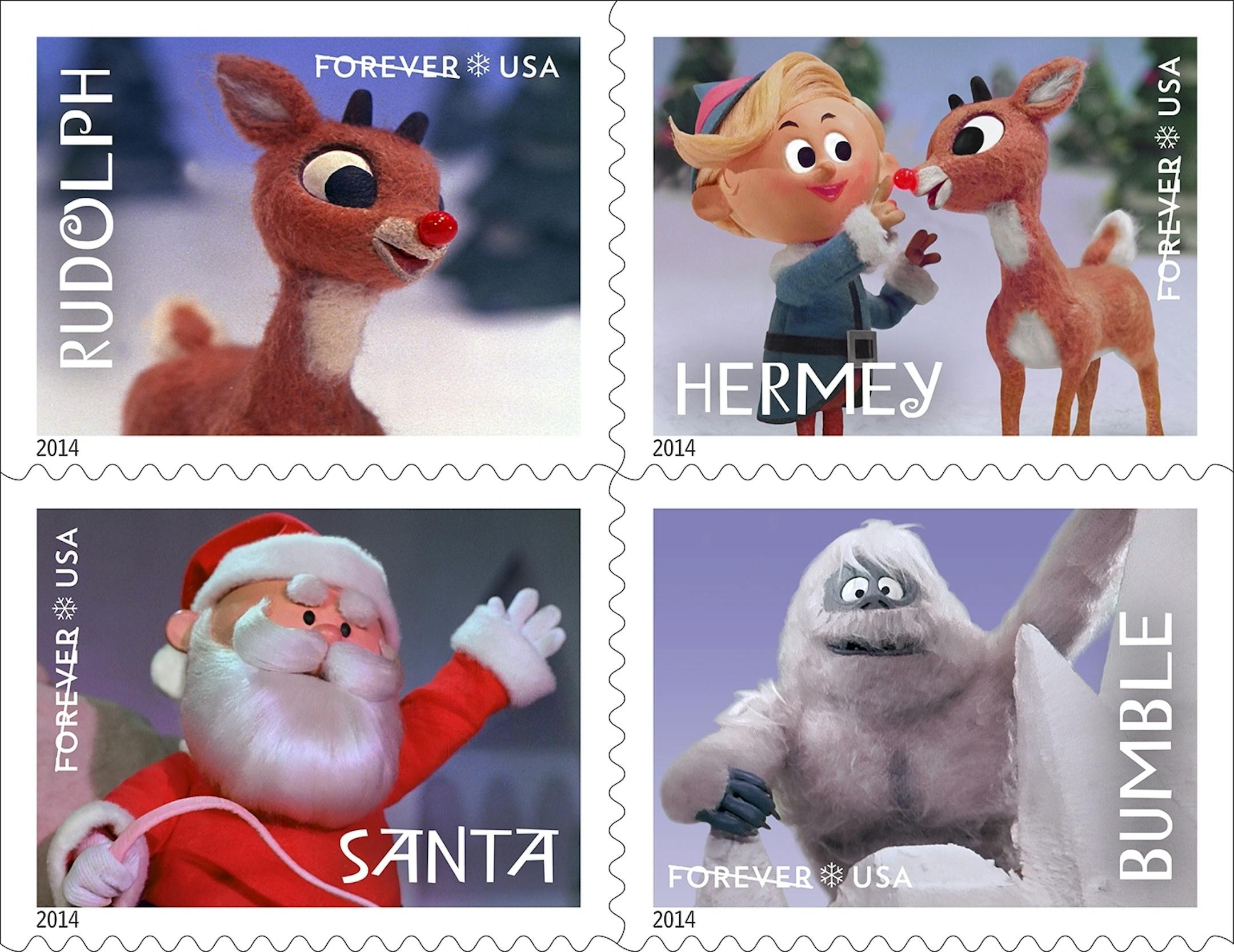 This undated handout provided by the United States Postal Service shows a set of four Limited Edition Forever stamps depicting Rudolph, Hermey, Santa and Bumble, which were created from still television frames from the �Rudolph the Red-Nosed Reindeer" television special. Thousands of Christmas cards are pouring into a small Wisconsin village that shares its name with the most famous reindeer. The Rudolph Post Office receives more than 10,000 Christmas cards annually from all over the world to be