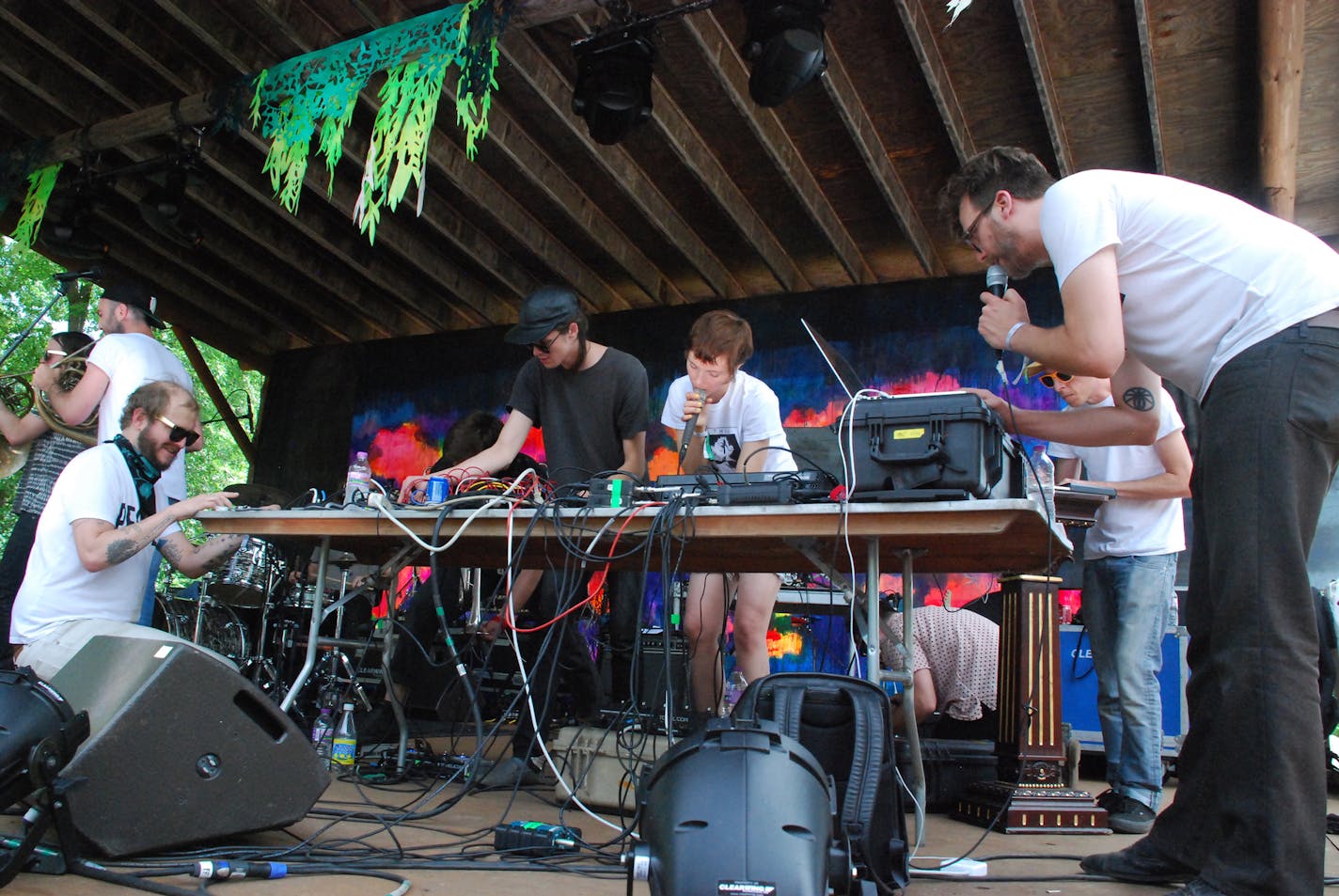 Tim Campbell/Star Tribune
Ryan Olson, right, performed with Justin Vernon of Bon Iver (left) and Polica singer Channy Leaneagh (center) at the Eaux Claires festival in June.