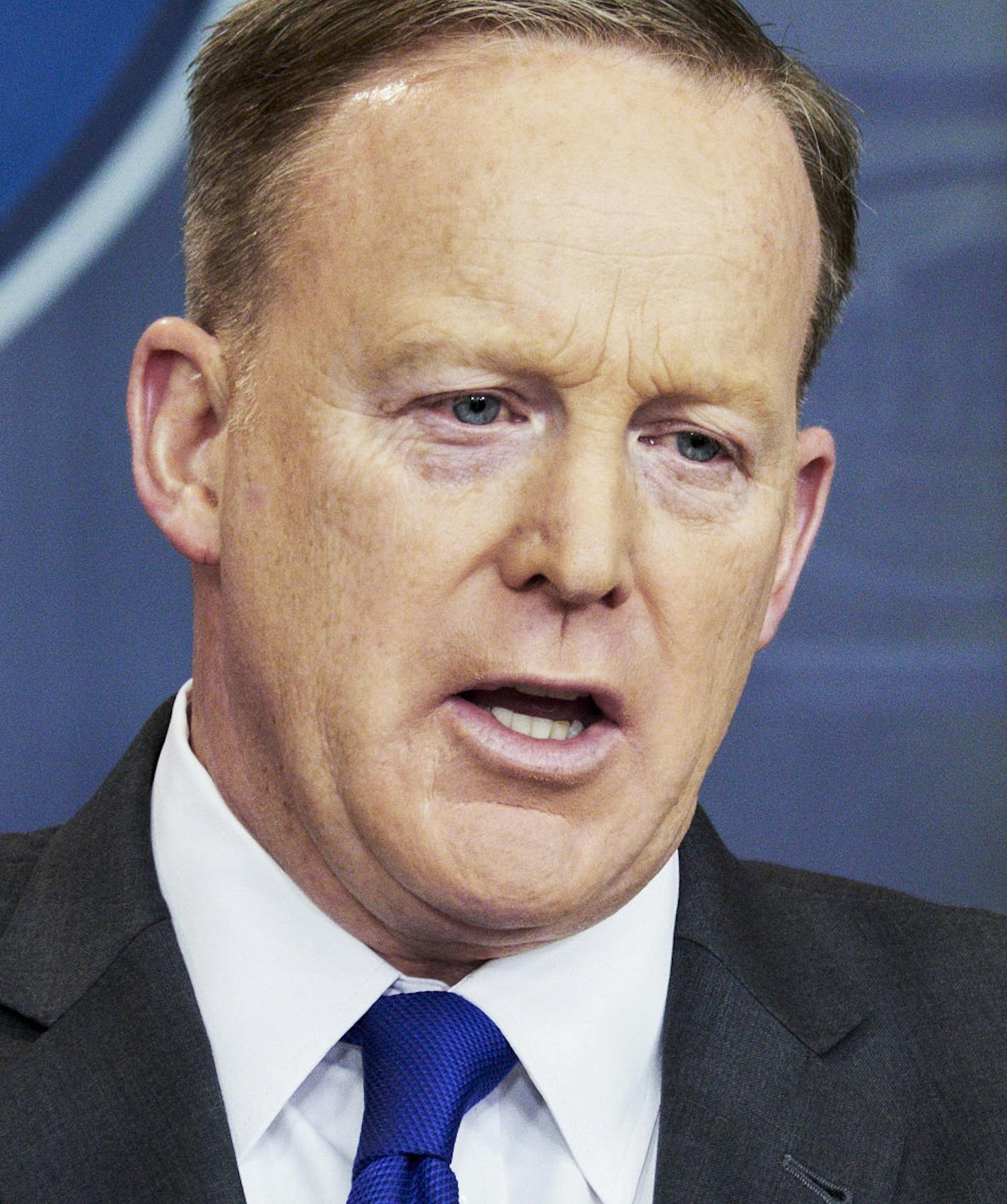 FILE-- White House Press Secretary Sean Spicer speaks with reporters during the daily briefing at the White House in Washington, March 20, 2017. Spicer resigned on the morning of July 21, telling President Donald Trump he vehemently disagreed with the appointment of New York financier Anthony Scaramucci as communications director. (T.J. Kirkpatrick/The New York Times)