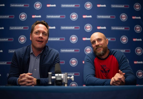 Derek Falvey, President of Baseball Operations for the Minnesota Twins, left, and Twins manager Rocco Baldelli spoke at a news conference at Hammond S