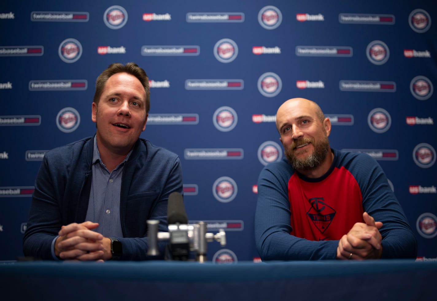 Derek Falvey, President of Baseball Operations for the Minnesota Twins, left, and Twins manager Rocco Baldelli spoke at a news conference at Hammond Stadium in Fort Myers, Florida Sunday, March 13, 2022. With the lockout over, Minnesota Twins baseball players began reporting to Spring Training on Sunday. ] JEFF WHEELER • Jeff.Wheeler@startribune.com