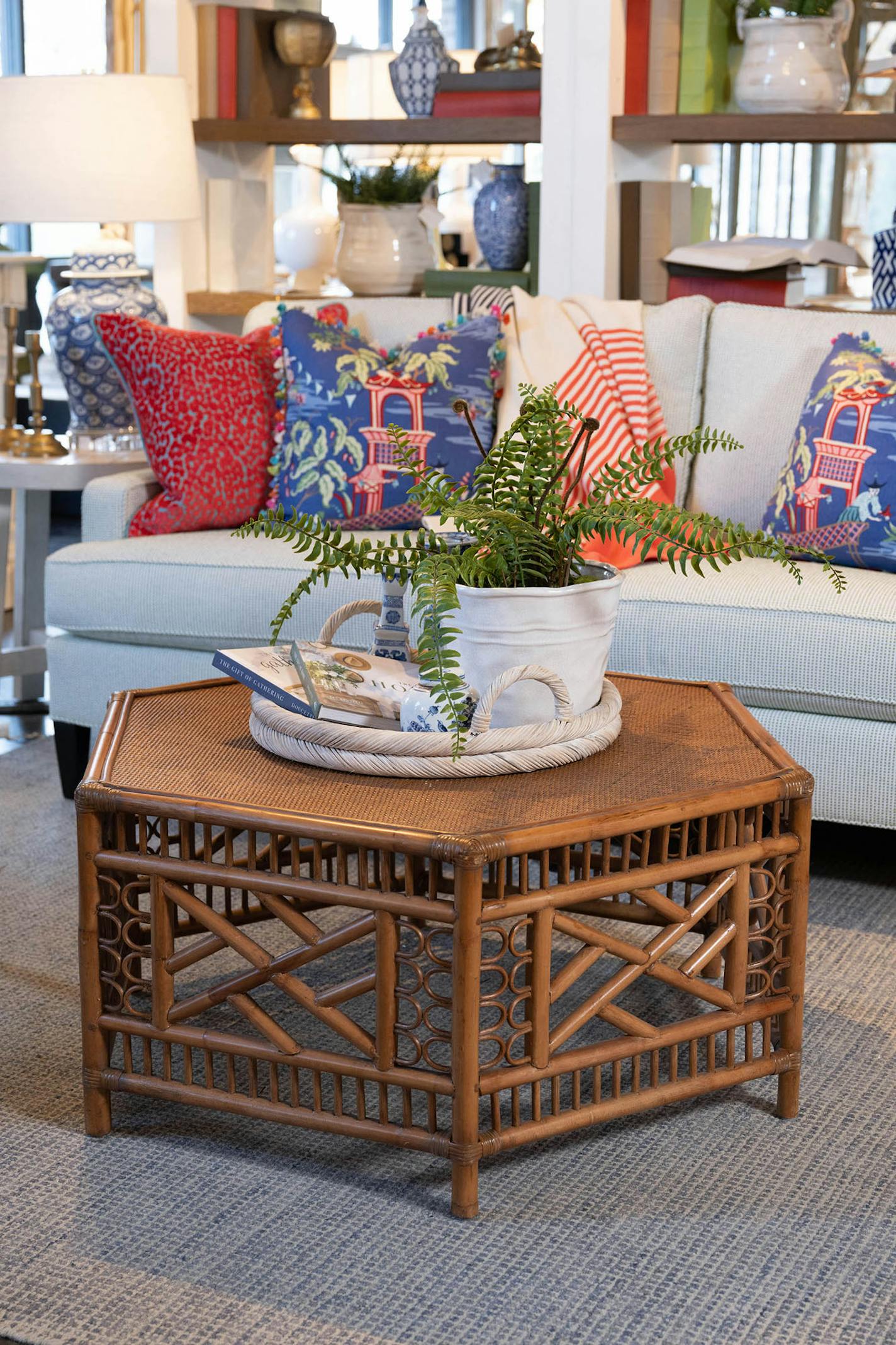 A richly colored cocktail table adds texture and interest to this living room design.(Handout/TNS)