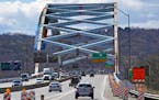 Traffic on Interstate 79 crossed the Ohio River on the Neville Island Bridge as it undergoes a refurbishing near Pittsburgh, Friday, April 2, 2021.