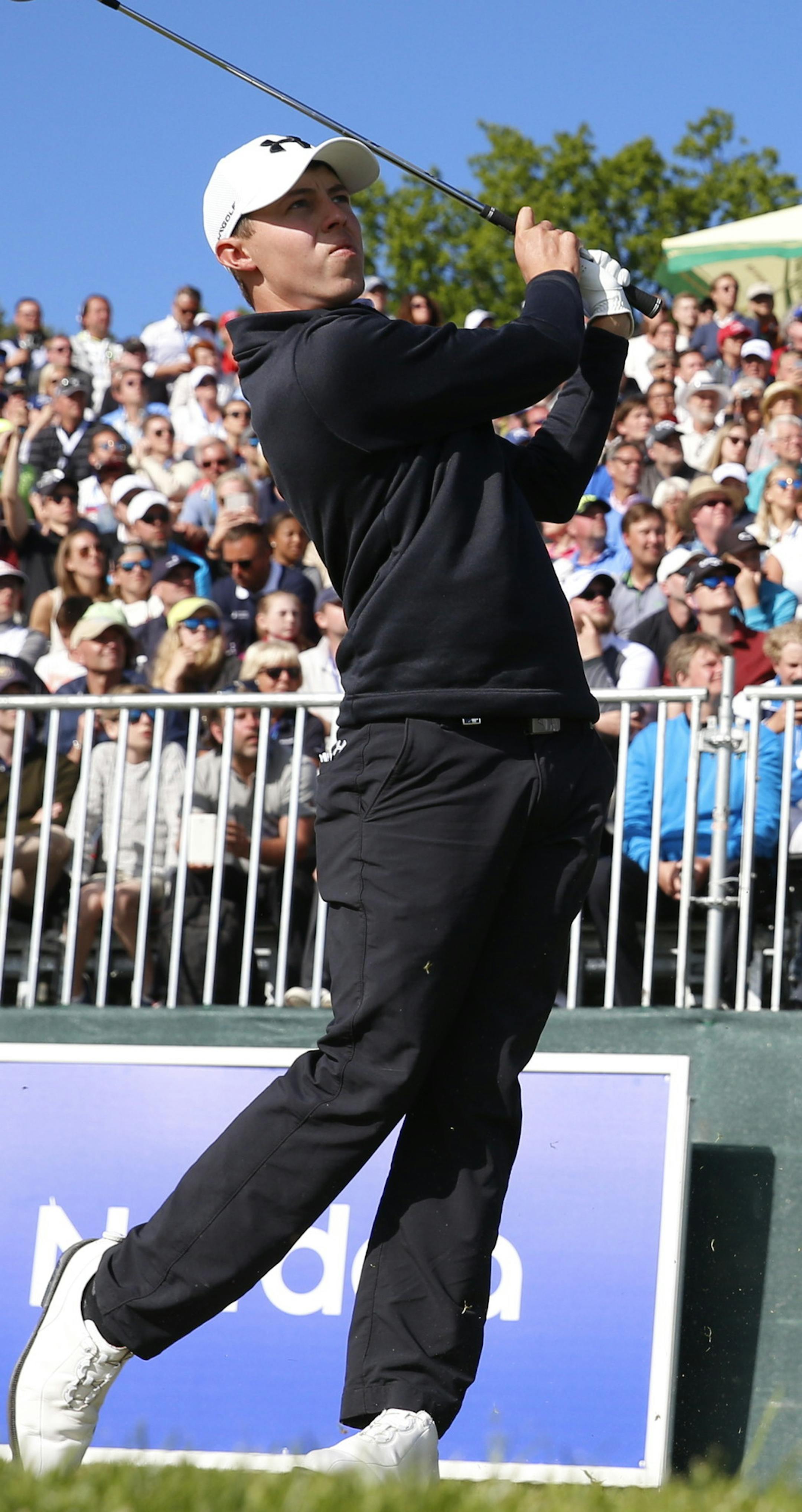 England's Matthew Fitzpatrick tees off on the 17th during the last round of the Nordea Masters golf tournament at the Bro Hof golf club, Stockholm, Sunday June 5, 2016. (Fredrik Persson/TT via AP) SWEDEN OUT