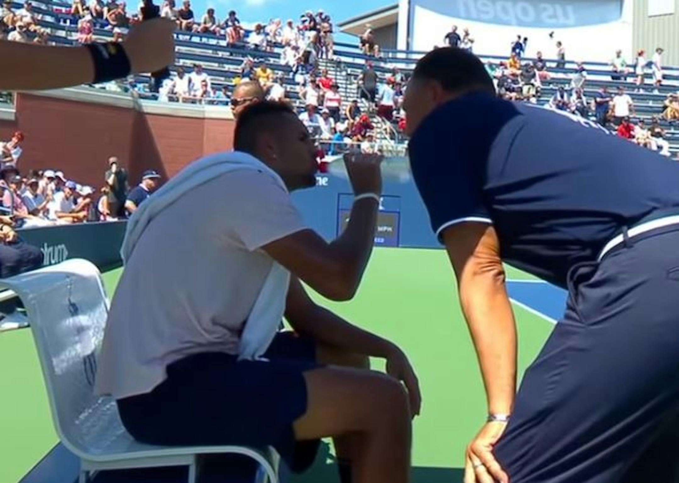 Umpire Mohamed Lahyani left his umpire's stand at the U.S. Open to speak with Nick Kyrgios on Thursday.
