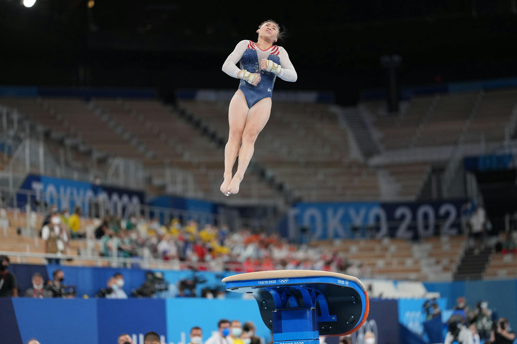 Suni Lee of the United State performs on the vault during the women's all-around gymnastics competition at the postponed 2020 Tokyo Olympics in Tokyo on Thursday, July 29, 2021. (Doug Mills/The New York Times)