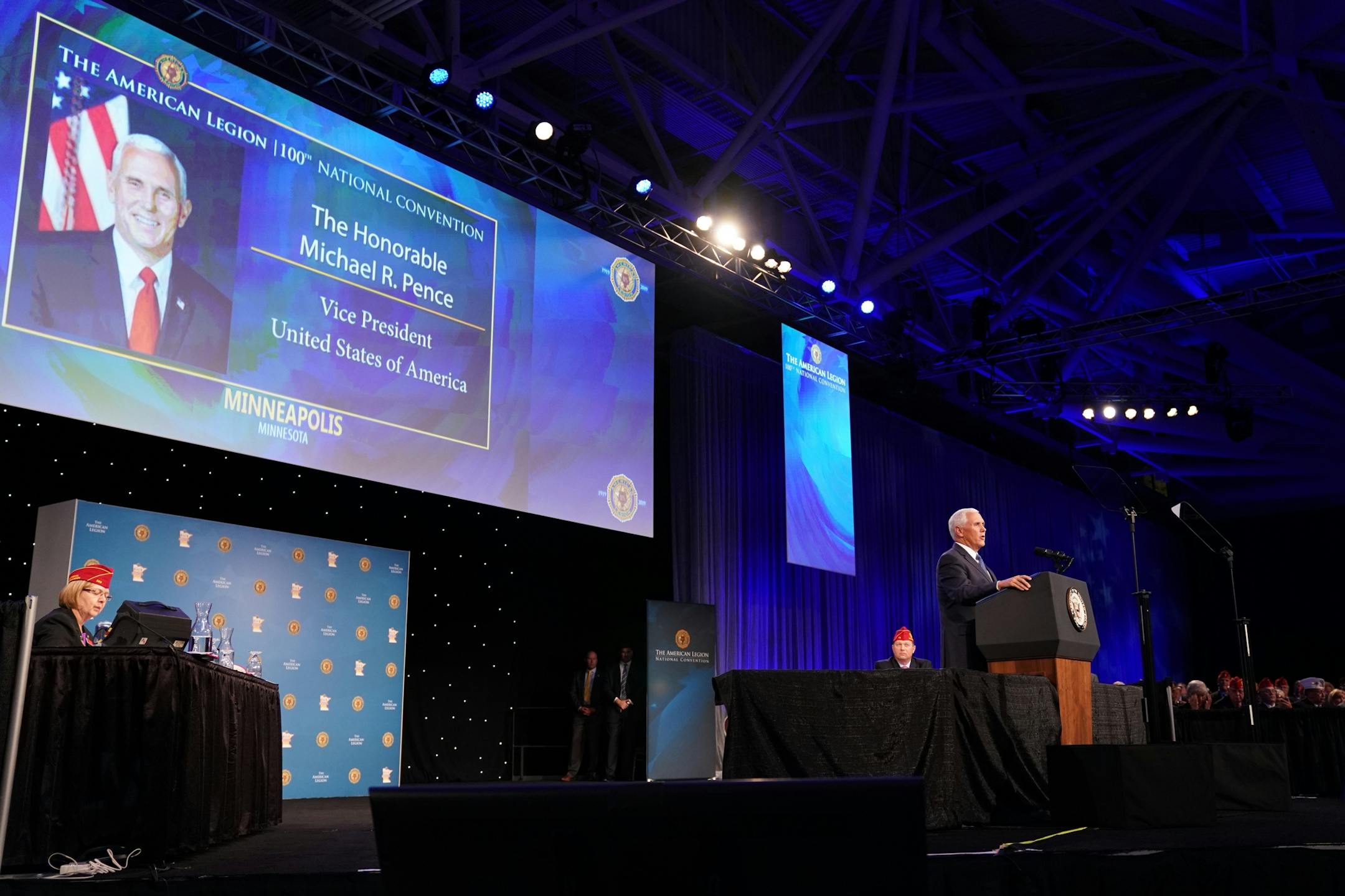 Vice President Mike Pence greeted attendees of the American Legion National Convention before speaking Thursday.