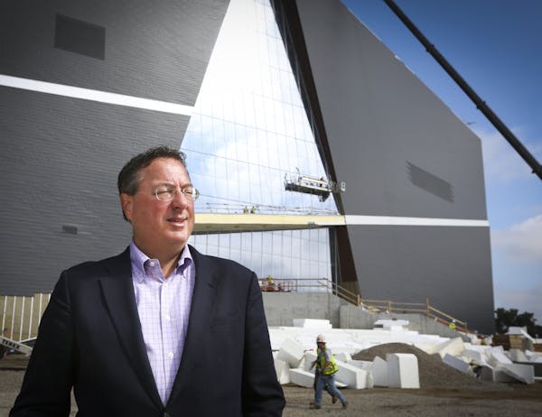 Lester Bagley was photographed in front of the Vikings stadium construction on Friday, July 17, 2015.