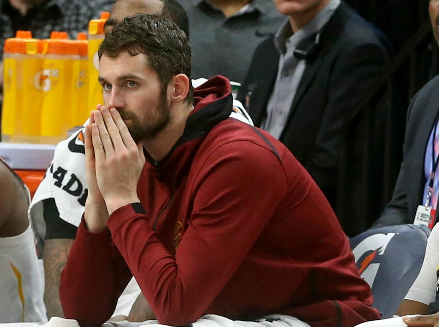 FILE - In this Jan. 8, 2018, file photo, Cleveland Cavaliers' Kevin Love watches from the bench in the second half of an NBA basketball game against the Minnesota Timberwolves in Minneapolis. Love disclosed in an essay for the Players' Tribune on Tuesday, March 6, 2018, that he suffered a panic attack on Nov. 5 in a home game against the Atlanta Hawks. He was briefly hospitalized at the Cleveland Clinic and the episode left him shaken. (AP Photo/Jim Mone, File)