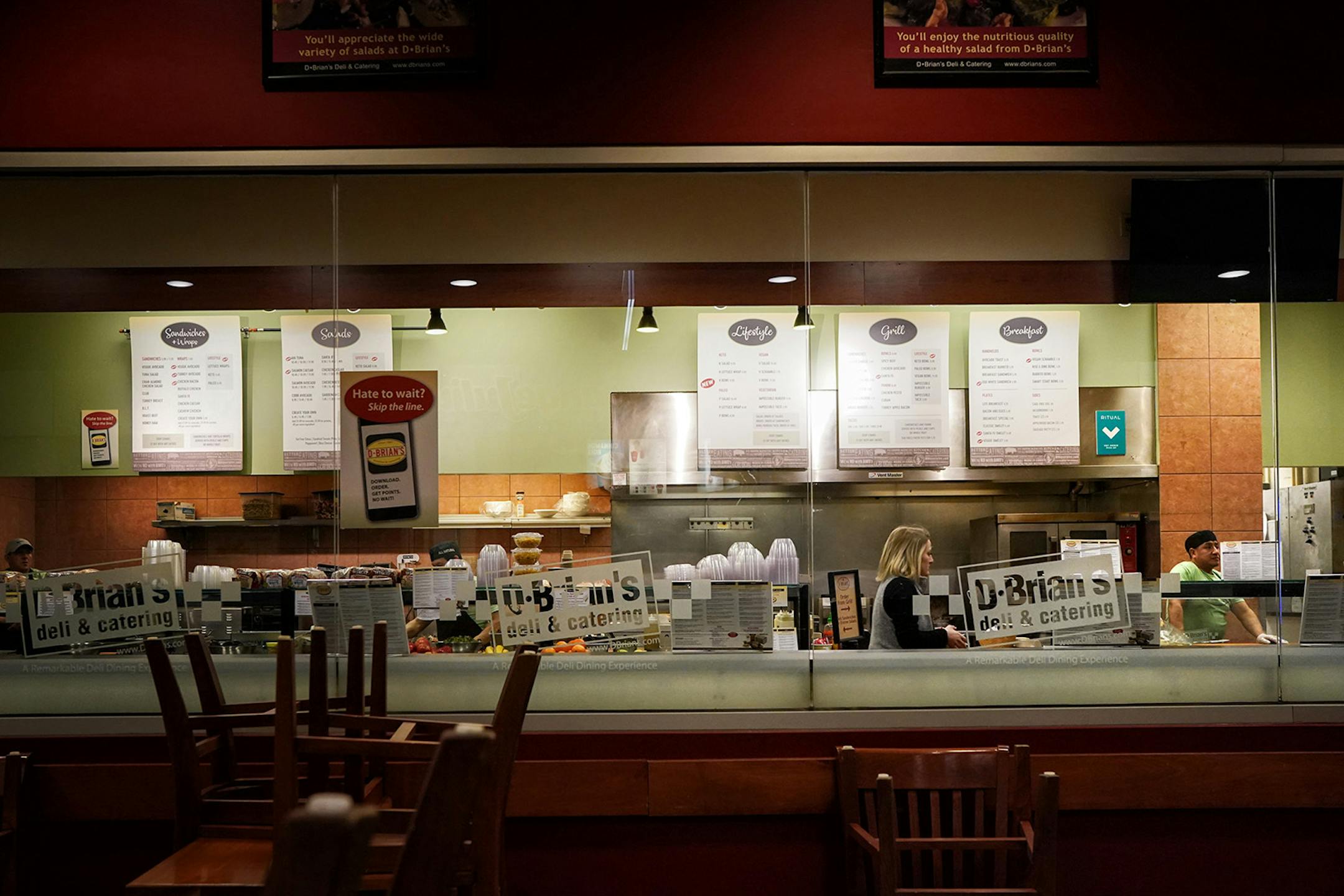 A customer grabbed a carry out lunch in D.Brian's in the skyway but the seating area was closed. A few people were still moving around in downtown Minneapolis but nothing near the lunch hour weekday crowds.