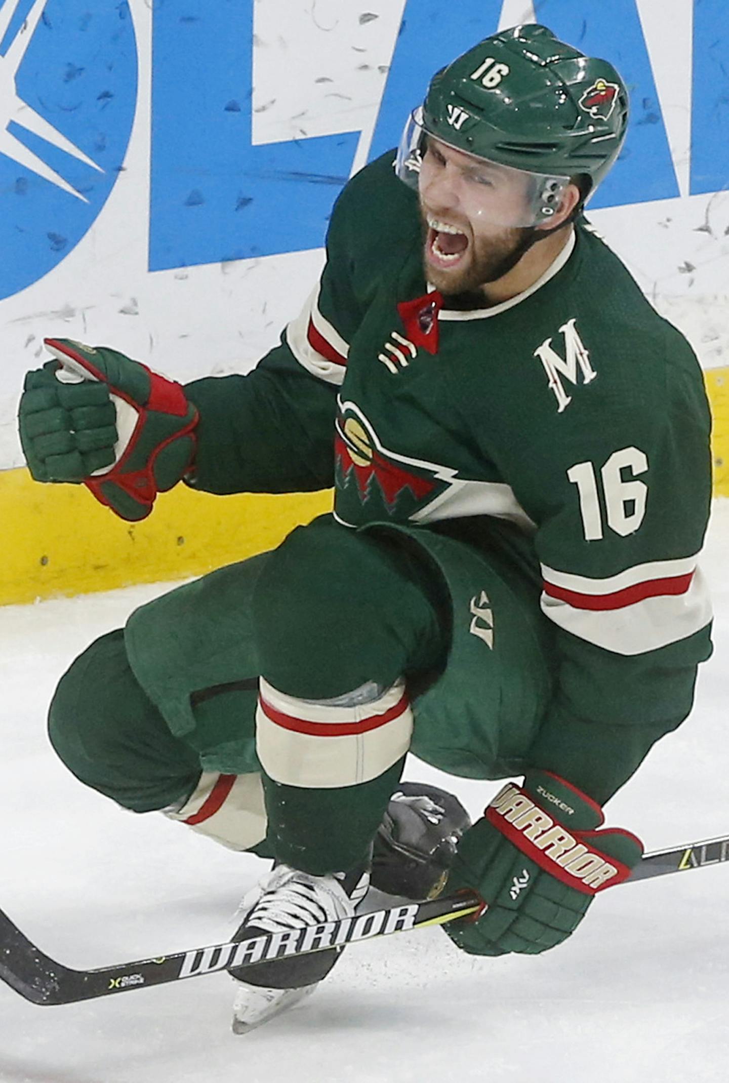 Minnesota Wild's Jason Zucker celebrates his go-ahead goal against Ottawa Senators goaltender Mike Condon in the third period of an NHL hockey game Monday, Jan. 22, 2018, in St. Paul, Minn. (AP Photo/Jim Mone)