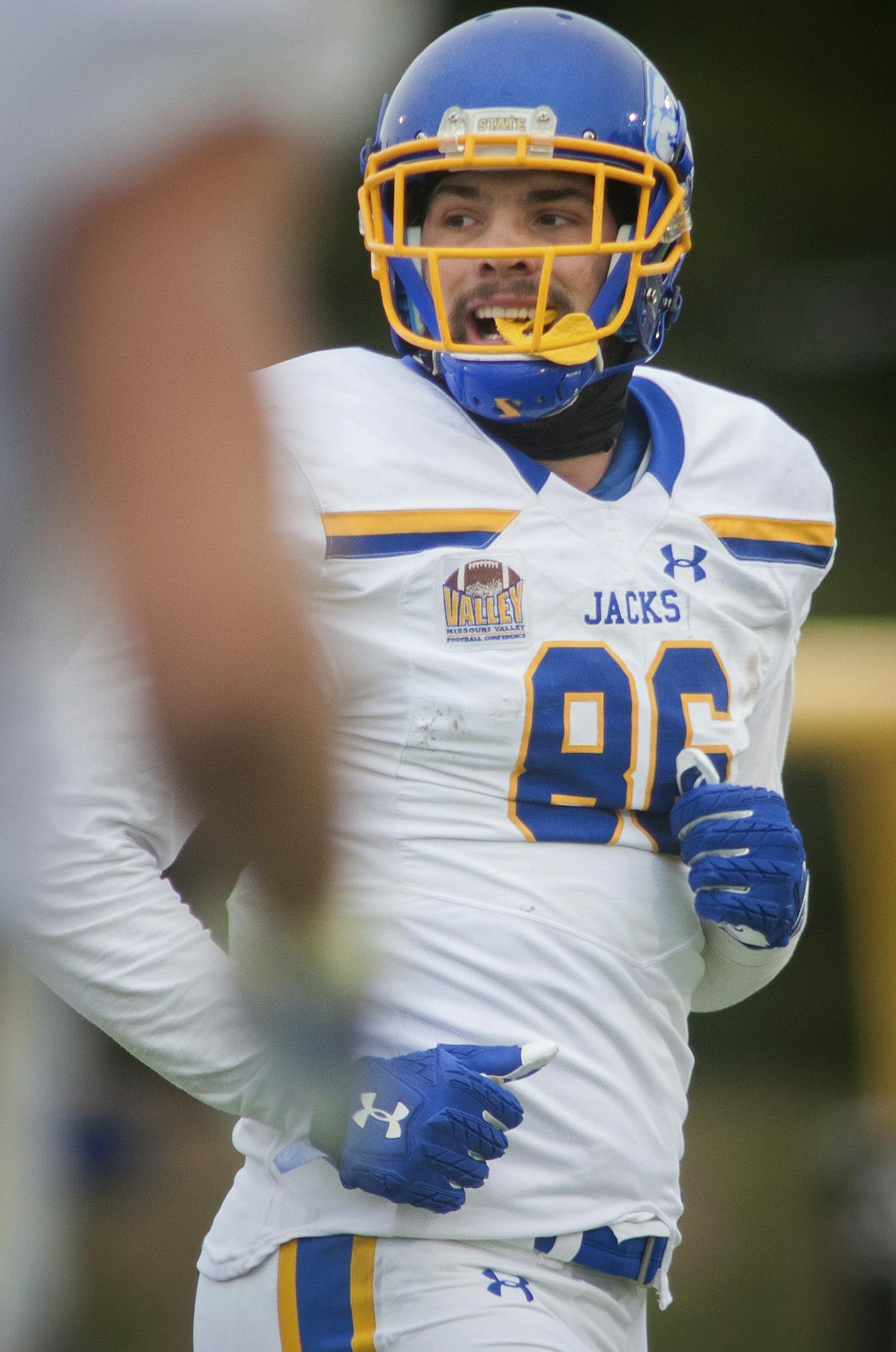 South Dakota State tight end Dallas Goedert during the 2nd half of an NCAA football game against Western Illinois, Saturday, Oct. 28, 2017, in Macomb, Ill. (AP Photo/Daryl Wilson) ORG XMIT: ILDW