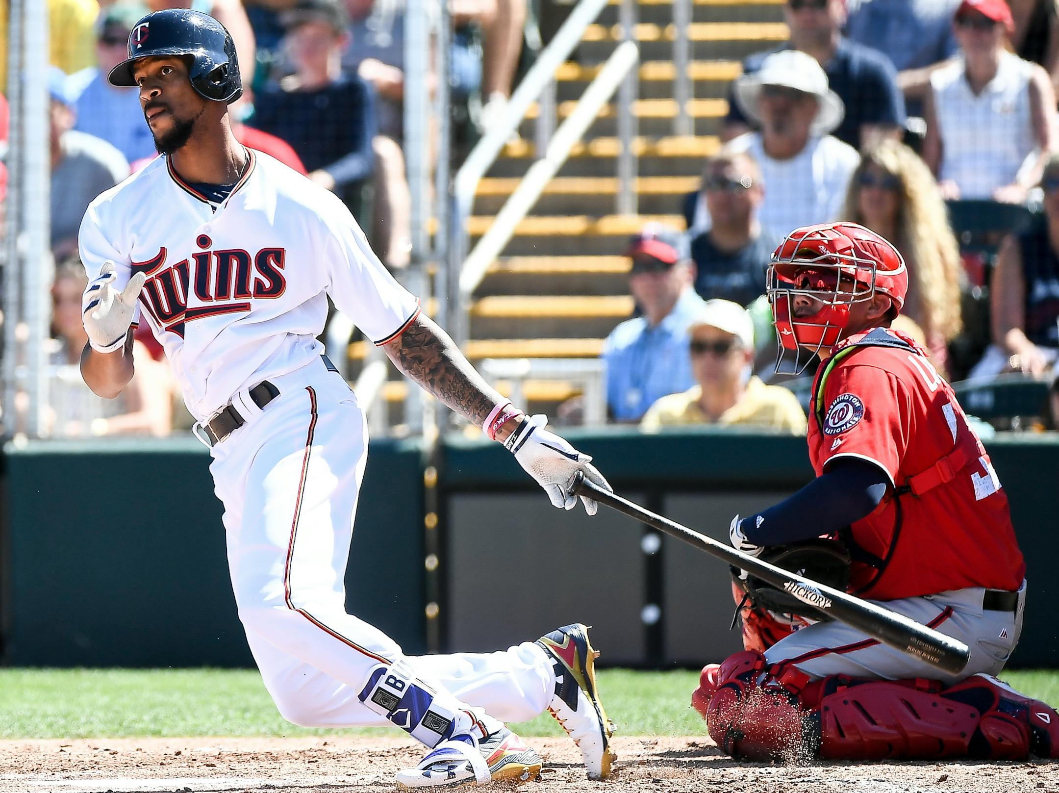 Minnesota Twins center fielder Byron Buxton (25) doubled on a line drive to left field in the bottom of the first inning Sunday. ] AARON LAVINSKY ï aaron.lavinsky@startribune.com The Minnesota Twins played the Washington Nationals on Sunday, Feb. 26, 2017 at CenturyLink Sports complex in Fort Myers, Fla.