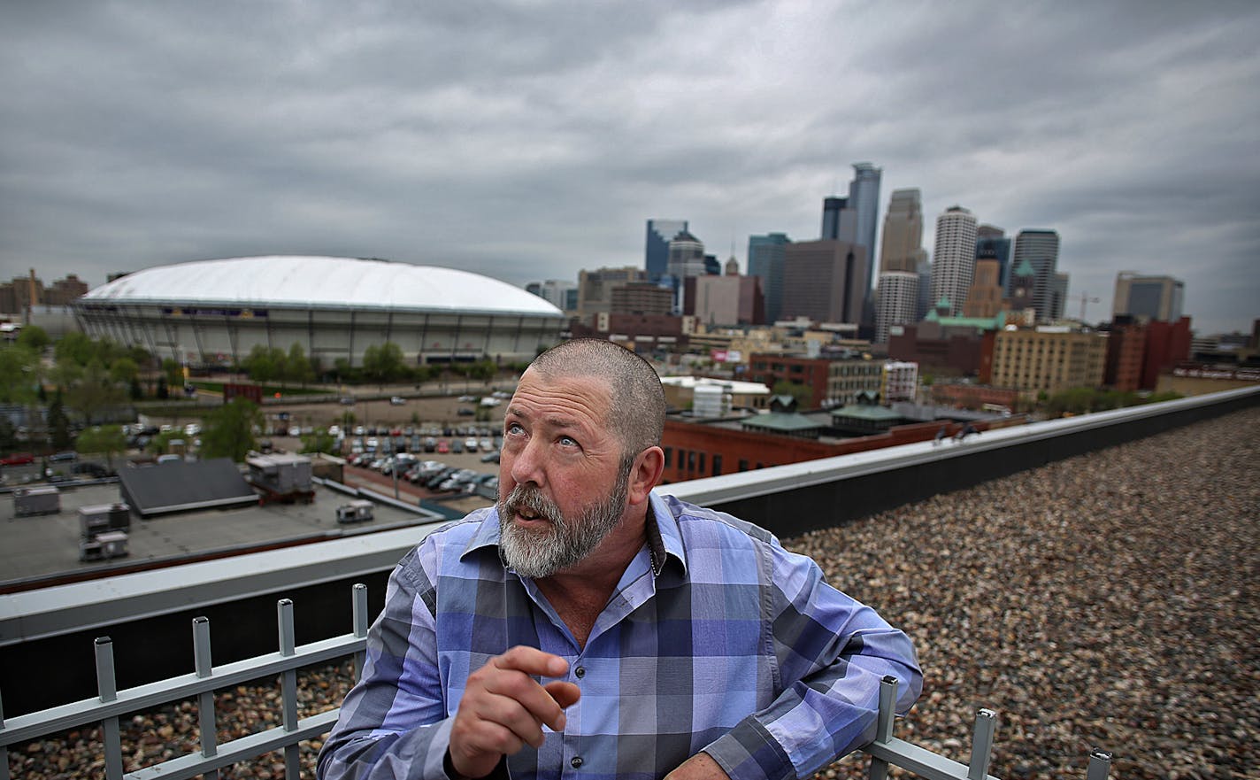 David Tinjum has a view of the Minneapolis skyline as well as the stadium site, both from his downtown loft and from the building&#x201a;&#xc4;&#xf4;s roof.