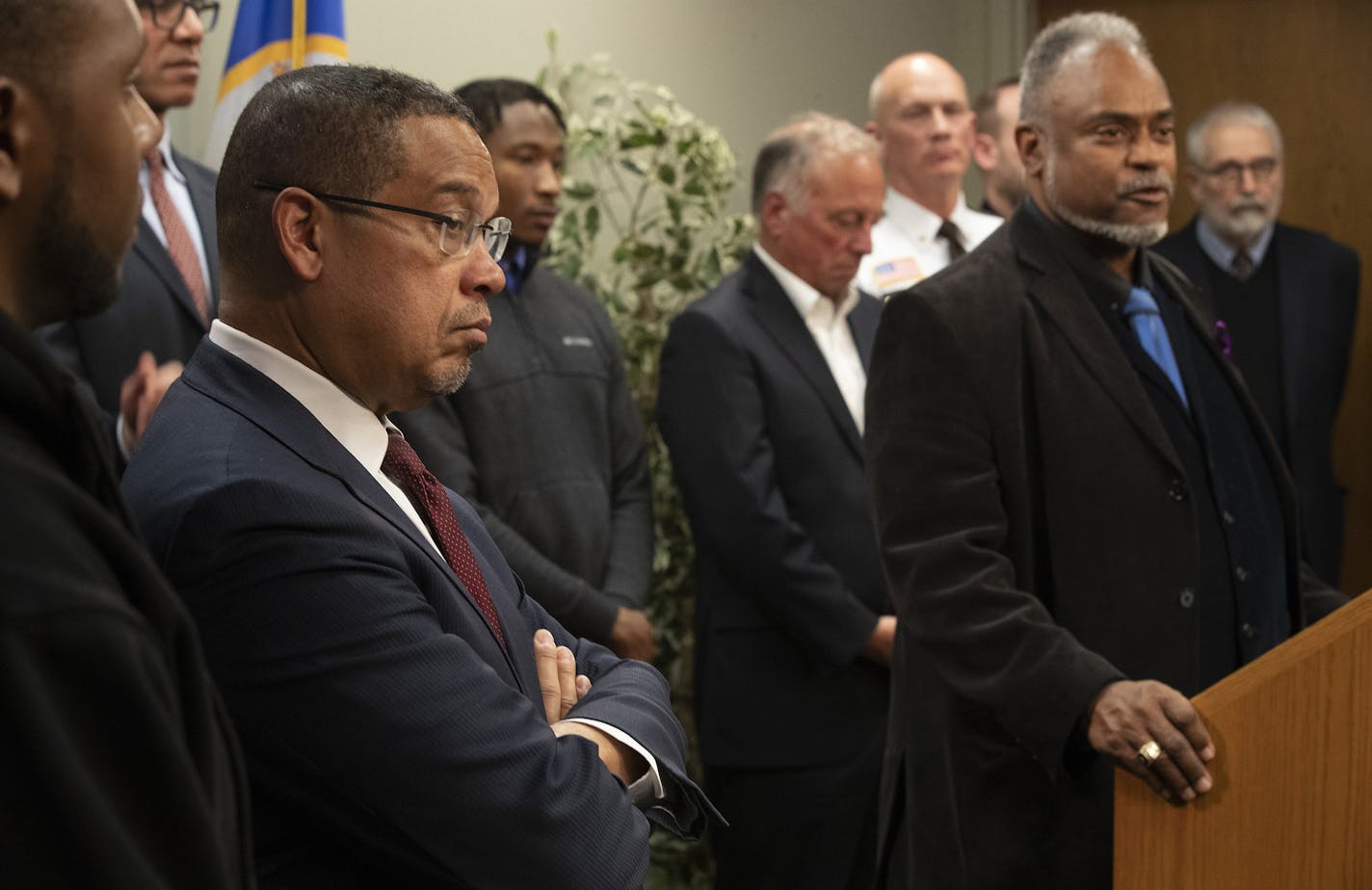 Keith Ellison, Minnesota Attorney General left, listens as John Harrington, Commissioner, Minnesota Department of Public Safety spoke about 28 recommendations and 33 action steps that are intended to reduce police-involved deadly force encounters at the Minnesota Department of Public Safety office.] Jerry Holt •Jerry.Holt@startribune.com at the Minnesota Department of Public Safety office.] Jerry Holt •Jerry.Holt@startribune.com Following multiple hearings and listening sessions featuring expert