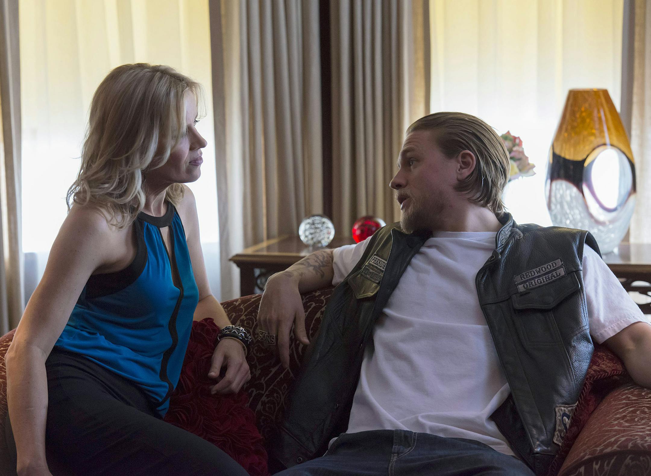 SONS OF ANARCHY Straw -- Episode 601 (Season Premiere, Tuesday, September 10, 10:00 pm e/p) -- Pictured: (L-R) Kim Dickens as Colette, Charlie Hunnam as Jackson 'Jax' Teller -- CR: Prashant Gupta/FX