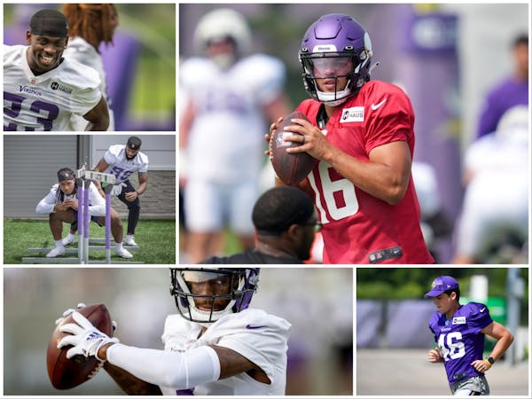 There are no shortage of position players to watch this preseason for the Vikings. Including, clockwise from top left: Andrew Booth Jr., Jaren Hall, J