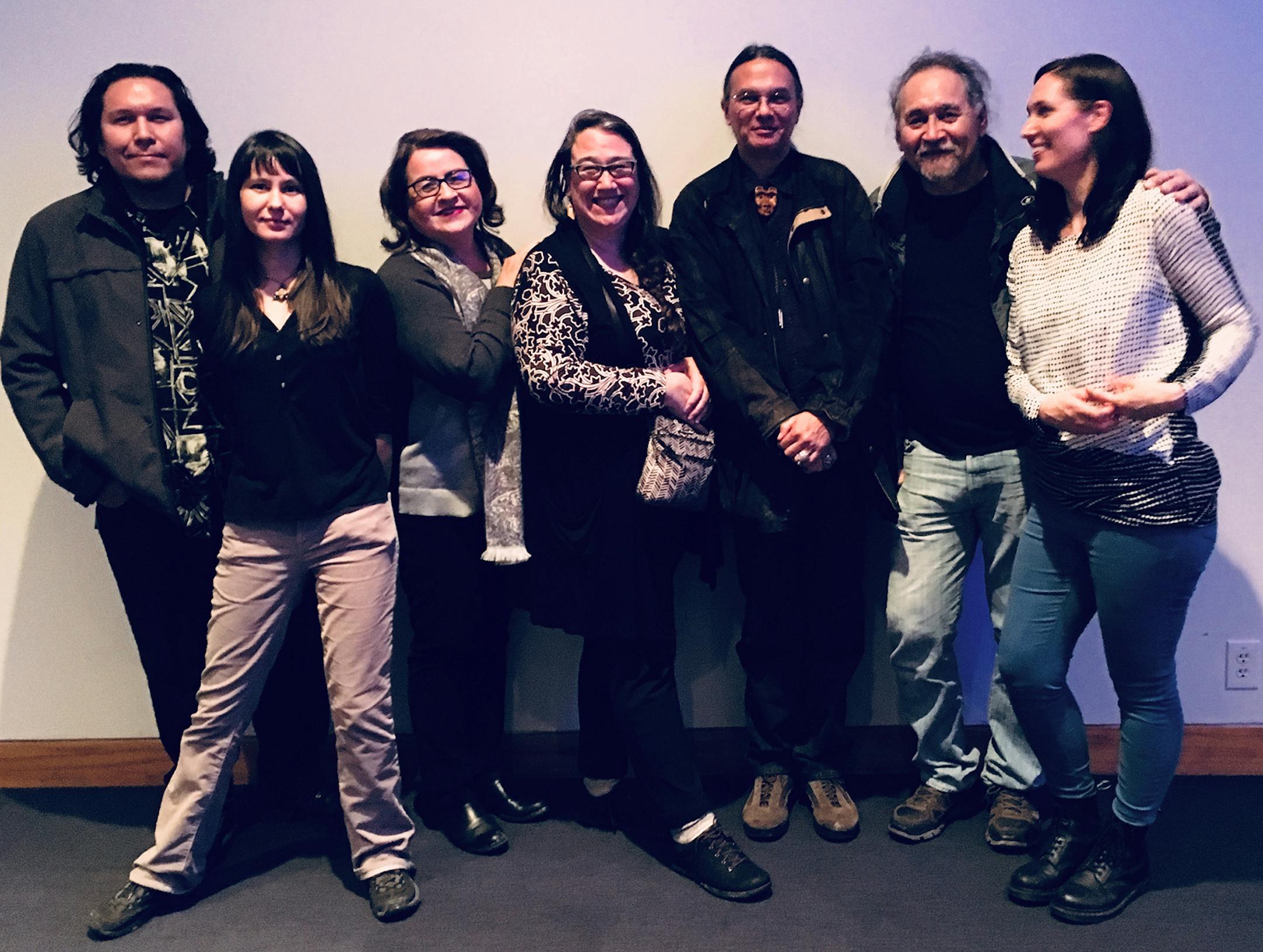 Jim Denomie (second from right) with Jonathan Thunder, Tashia Hart, Brenda Child, Heid E. Erdrich, Jeffrey Chapman and Andrea Carlson. (photo by Steven Premo)