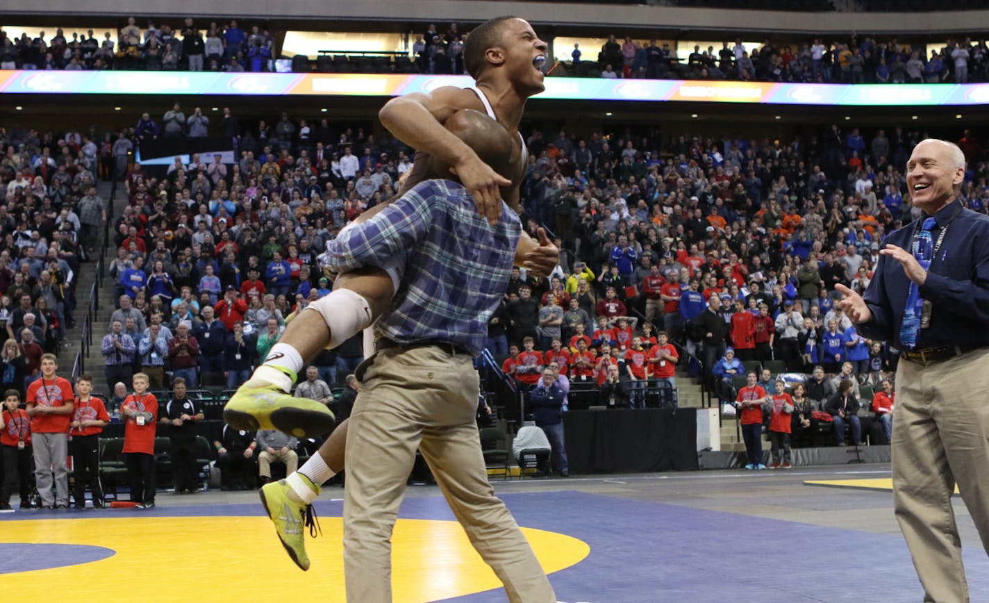 Mark Hall 170 lb from Apple Valley celebrates after winning his sixth state title at the 2016 MSHSL Wrestling finals on Feb. 27 at the Xcel Energy Center in St. Paul, Minn. ] Special to Star Tribune MATT BLEWETT &#xef; matt@mattebphoto.com - February 27, 2016, St. Paul, MN, MSHSL Wrestling, 655774 PREP022816