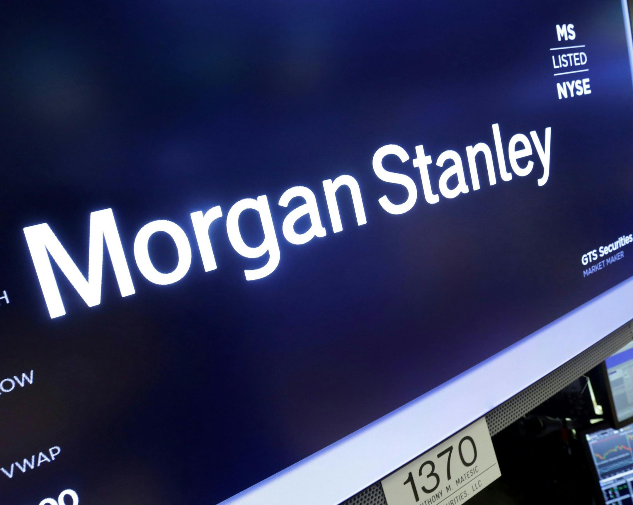 In this Monday, July 17, 2017, photo, the Morgan Stanley logo appears above a trading post on the floor of the New York Stock Exchange. On Wednesday, July 19, 2017, Morgan Stanley reports financial results. (AP Photo/Richard Drew) ORG XMIT: NYRD360