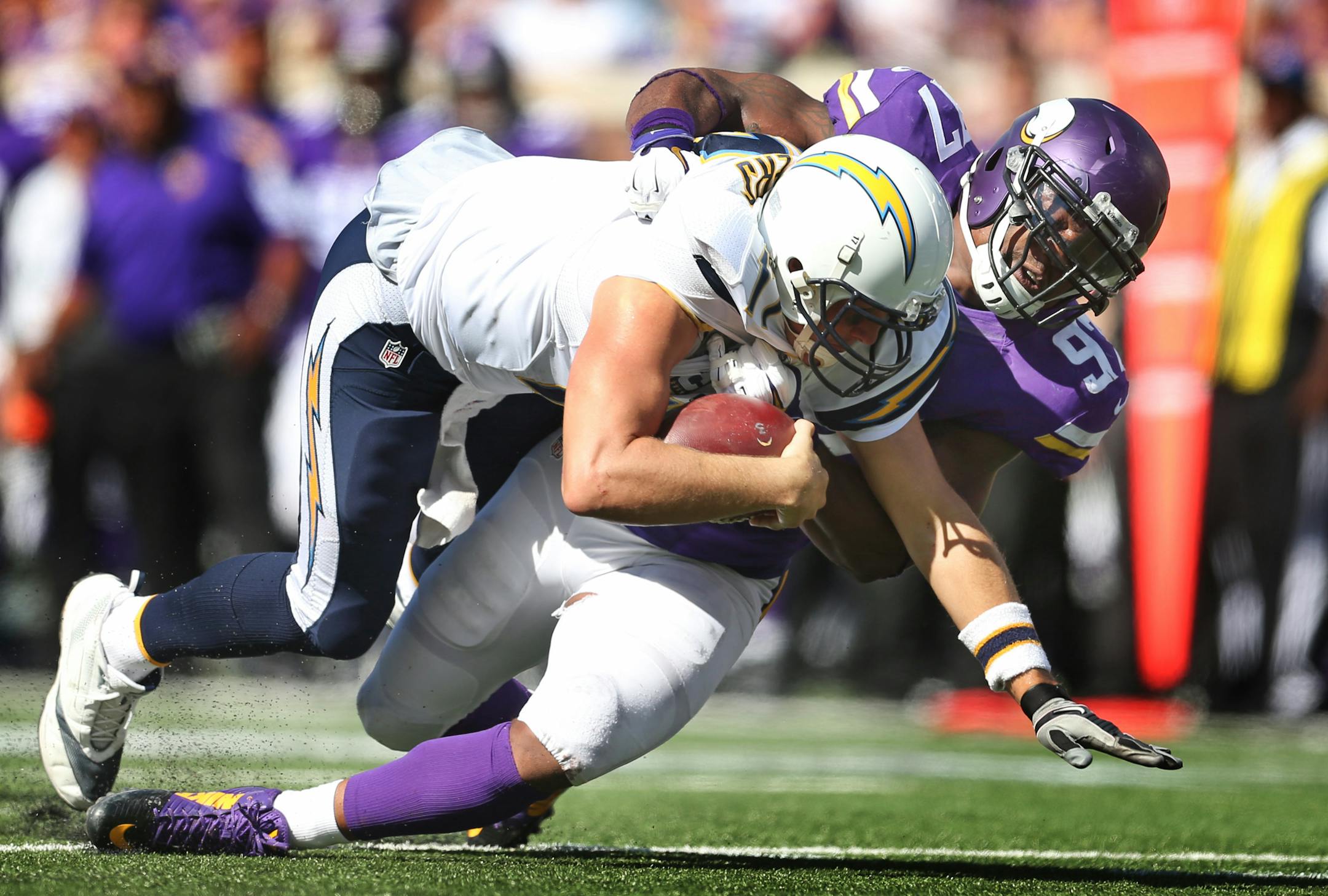 Defensive end Everson Griffen sacked Chargers quarterback Philip Rivers during the Vikings; 31-14 victory on Sunday. The Vikings had four sacks and a dozen QB hits.