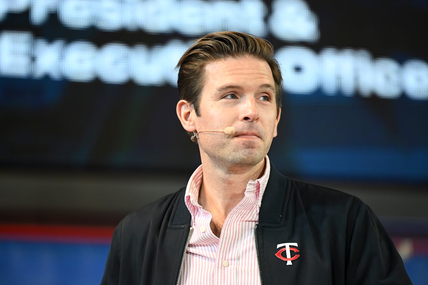 Then Minnesota Twins Executive Vice President Joe Pohlad speaks during a logo and jersey branding unveiling Friday, Nov. 18, 2022 at the Mall of America in Bloomington, Minn.. Joe Pohlad will be replacing his uncle, Jim Pohlad as Executive Chair. ] AARON LAVINSKY • aaron.lavinsky@startribune.com