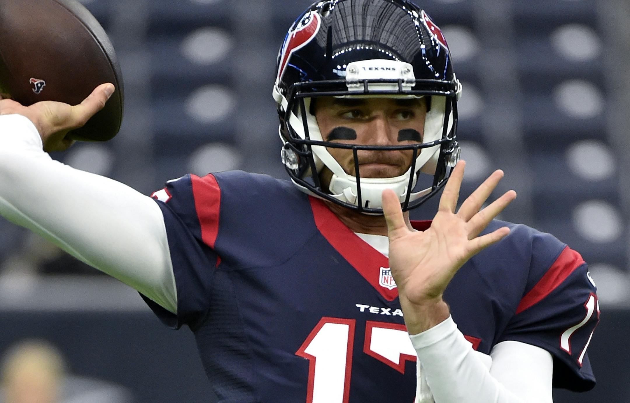 Houston Texans quarterback Brock Osweiler throws during warmups before an NFL preseason football game New Orleans Saints in Houston, Saturday, Aug. 20, 2016. (AP Photo/ Eric Christian Smith)