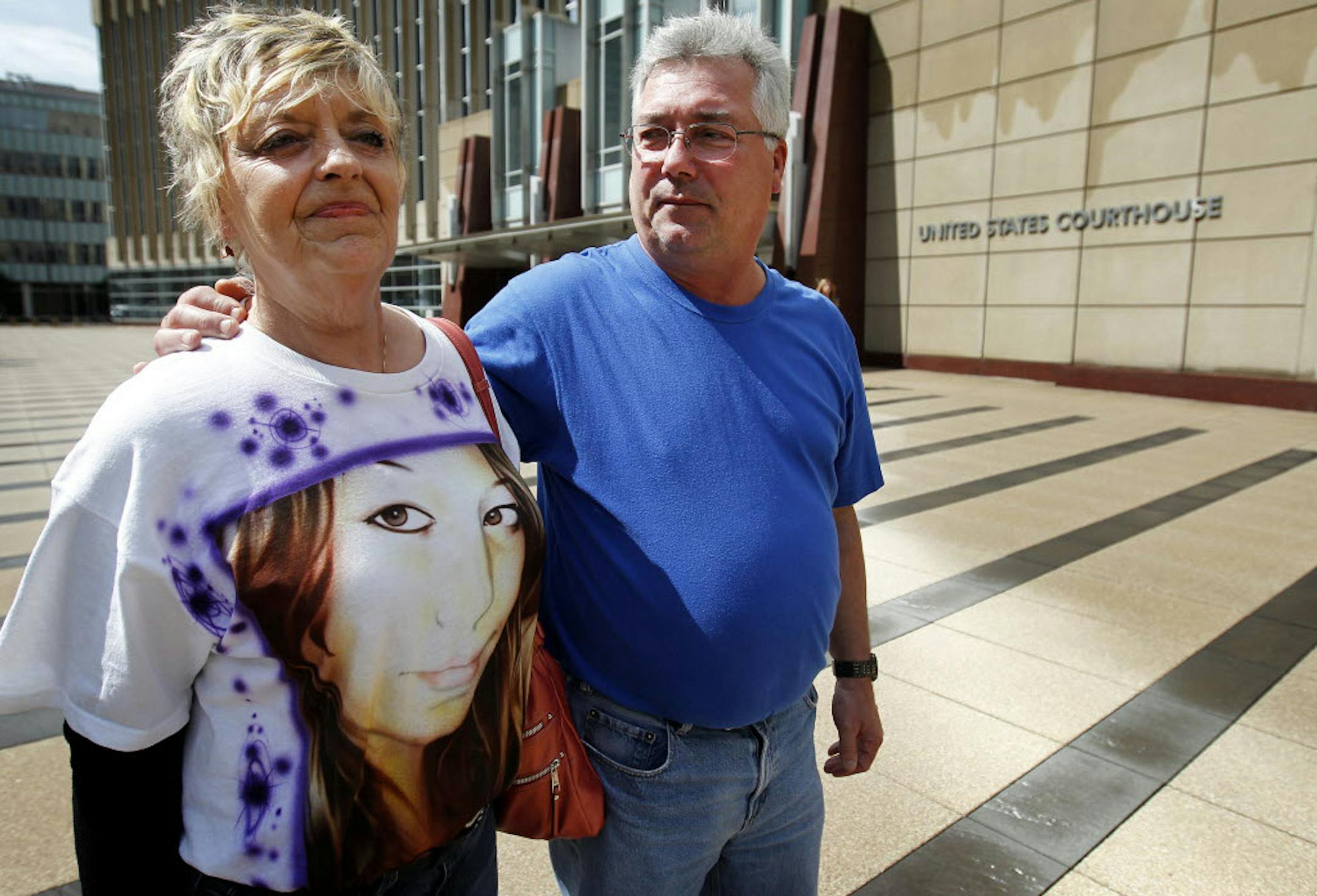 Lynnette and Greg Hartling, grandparents of murder victim Brittany Kekedakis, were at the courthouse in Minneapolis. The image on the shirt is Brittany.