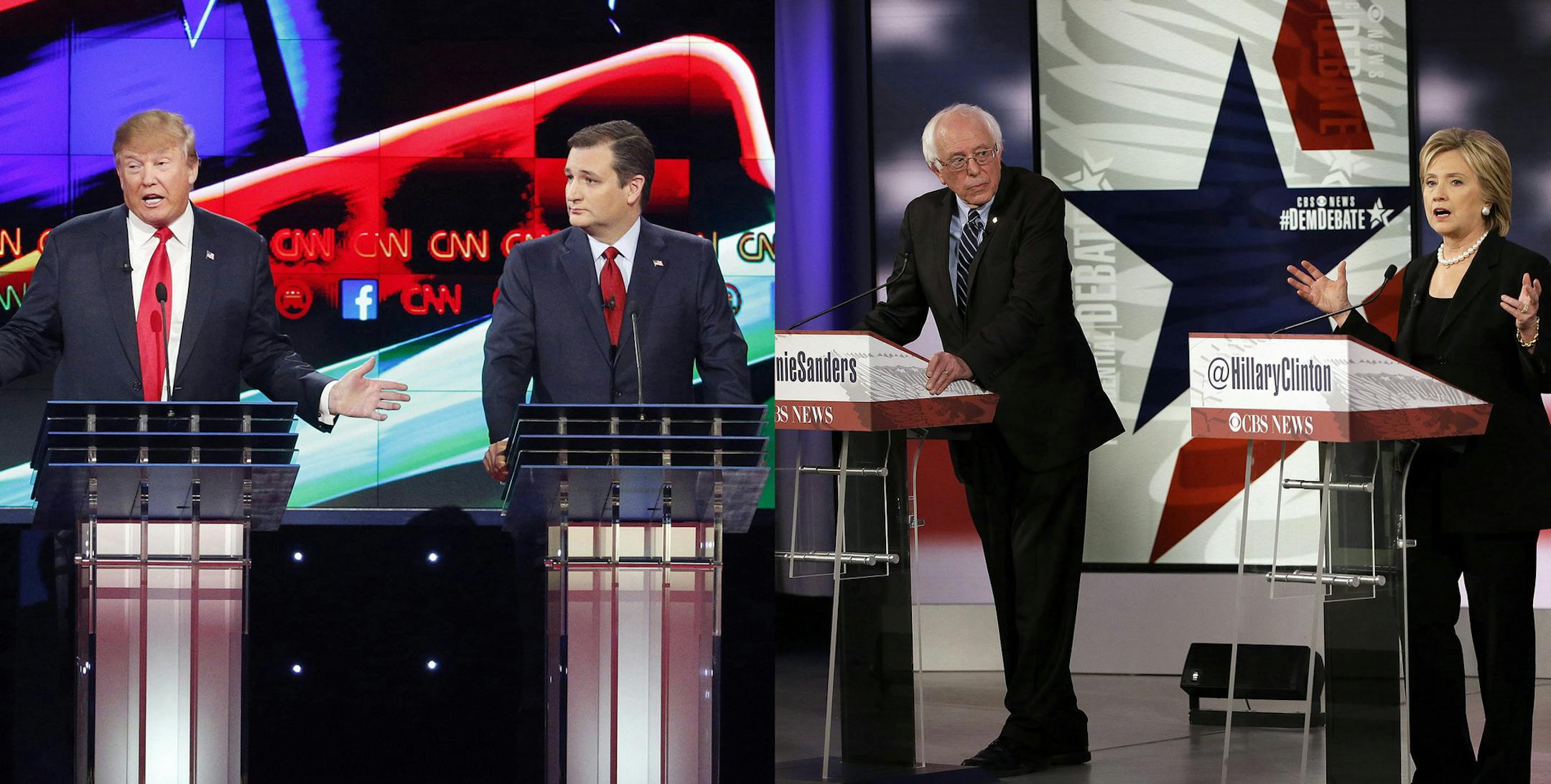 (AP Photo/John Locher, AP Photo/Charlie Neibergall) Donald Trump, Ted Cruz, second from right, and Jeb Bush look on during the CNN Republican presidential debate at the Venetian Hotel & Casino on Tuesday, Dec. 15, 2015, in Las Vegas. (AP Photo/John Locher) Hillary Rodham Clinton speaks as Bernie Sanders listen during a Democratic presidential primary debate, Saturday, Nov. 14, 2015, in Des Moines, Iowa. (AP Photo/Charlie Neibergall) ORG XMIT: MIN2015121612012524