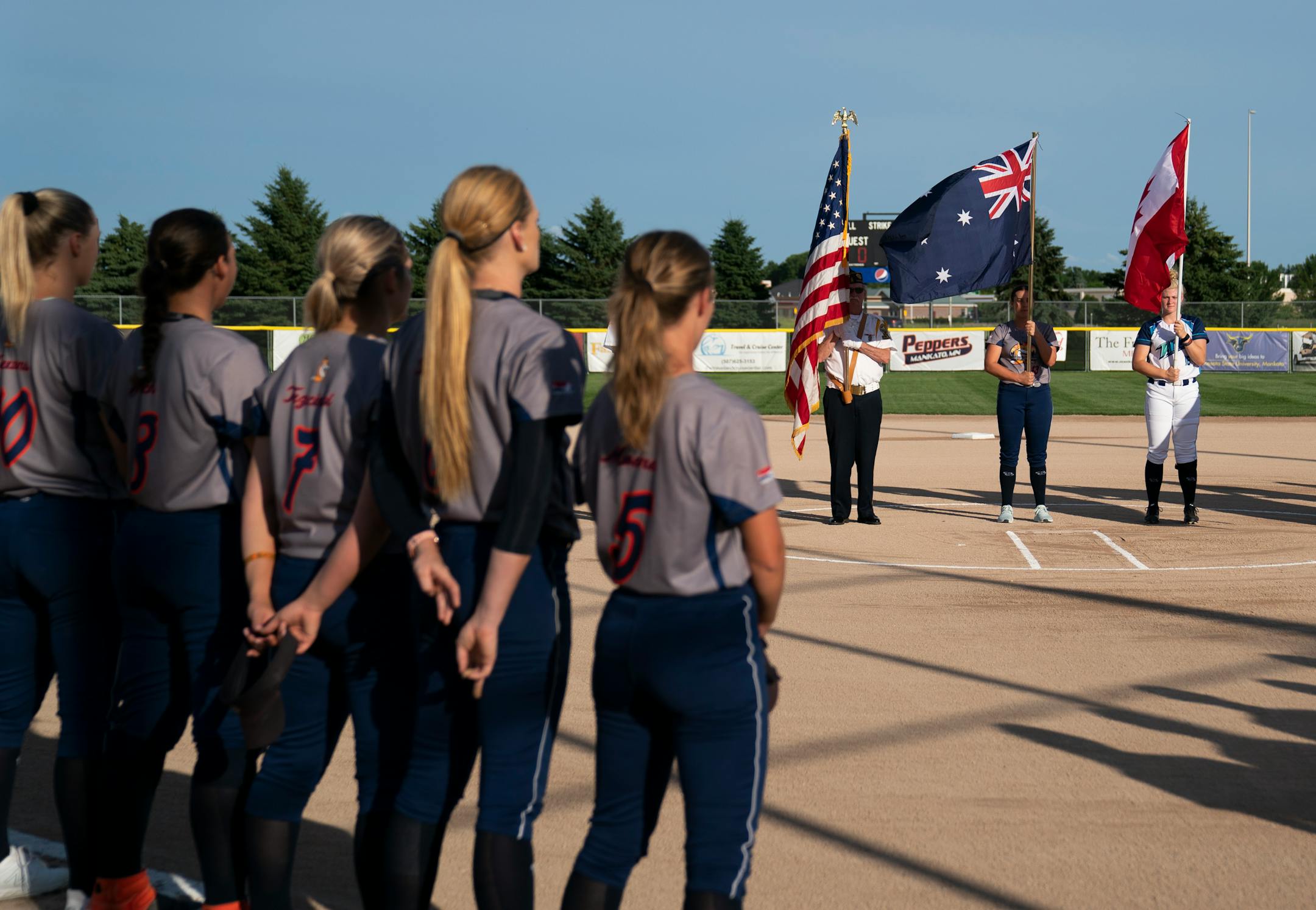 The Aussie Pepper and the Canadian Wild stood for the U.S.A, Canadian and Australian National Anthems during a game against the Canadian Wild in North Mankato, Minn. Wednesday, July 3, 2019. ] RENEE JONES SCHNEIDER ¥ renee.jones@startribune.com