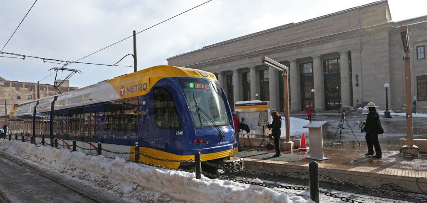 Metropolitan Council Chair Susan Haigh and other officials announced that light rail green line service will start Saturday June 14th between Minneapolis and St. Paul. The announcement was made during a press conference in front of the Union Depot in downtown St. Paul on 1/22/14. Bruce Bisping/Star Tribune bbisping@startribune.com Susan Haigh/source.