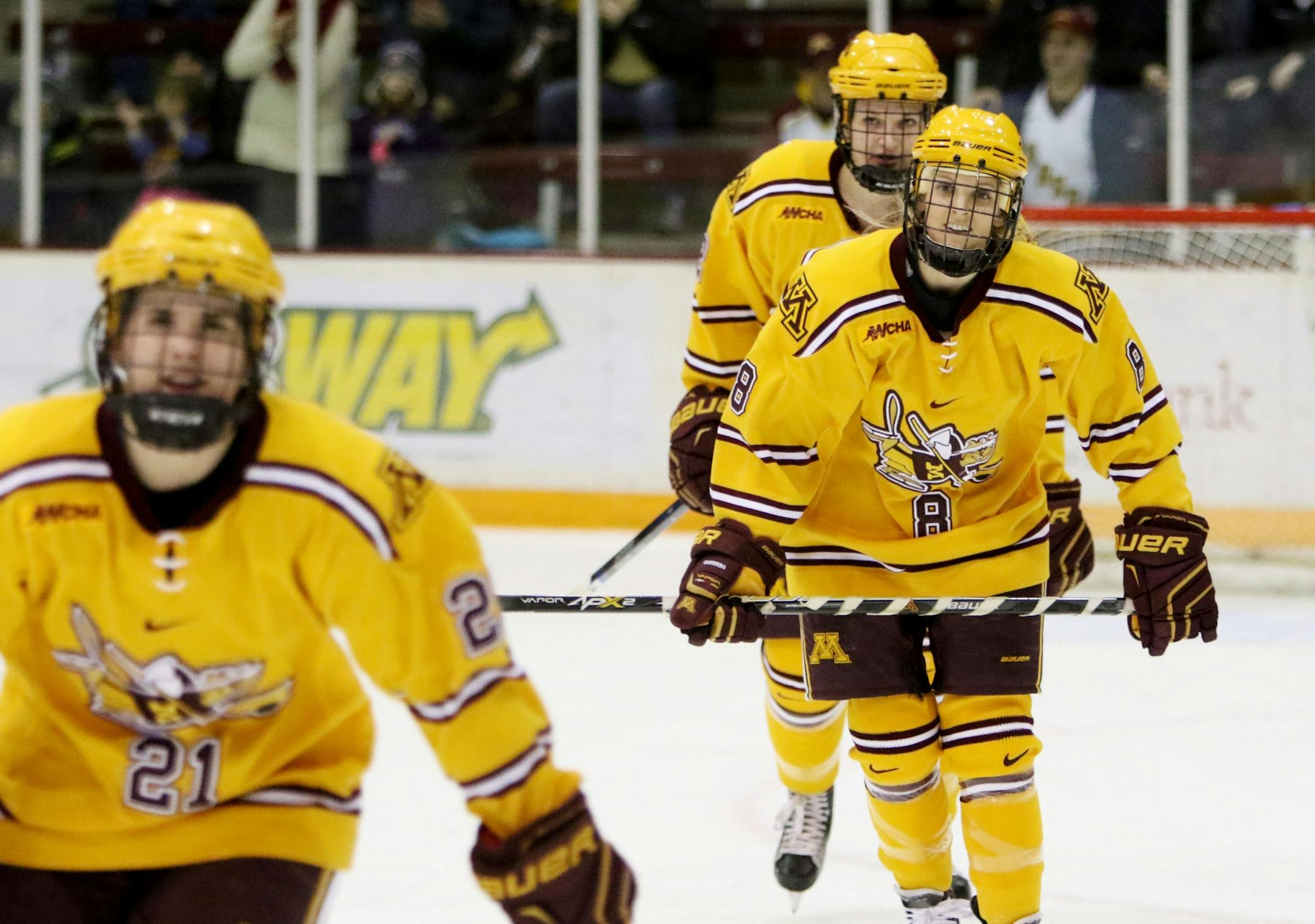 Amanda Kessel (8) had a second assist on the game's first goal by teammate Hannah Brandt d(21) during the first period against North Dakota Friday, Feb. 5, 2016, at Ridder Arena on the campus of the University of Minnesota in Minneapolis, MN.