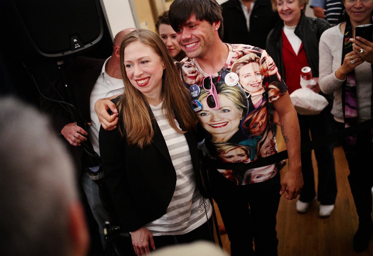 Chelsea Clinton hugged supporter Trevor Church while on a campaign stop at Plaza Verde to encourage people to vote early. Church said he benefitted from the Children's Health Insurance Program that Hillary Clinton helped enact. Church said he suffered from a bone disease, Osteomyelitis, that was cured because he was able to be treated under CHILD at the age of 7 in Oregon.] Richard Tsong-Taatarii/rtsong-taatarii@startribune.com