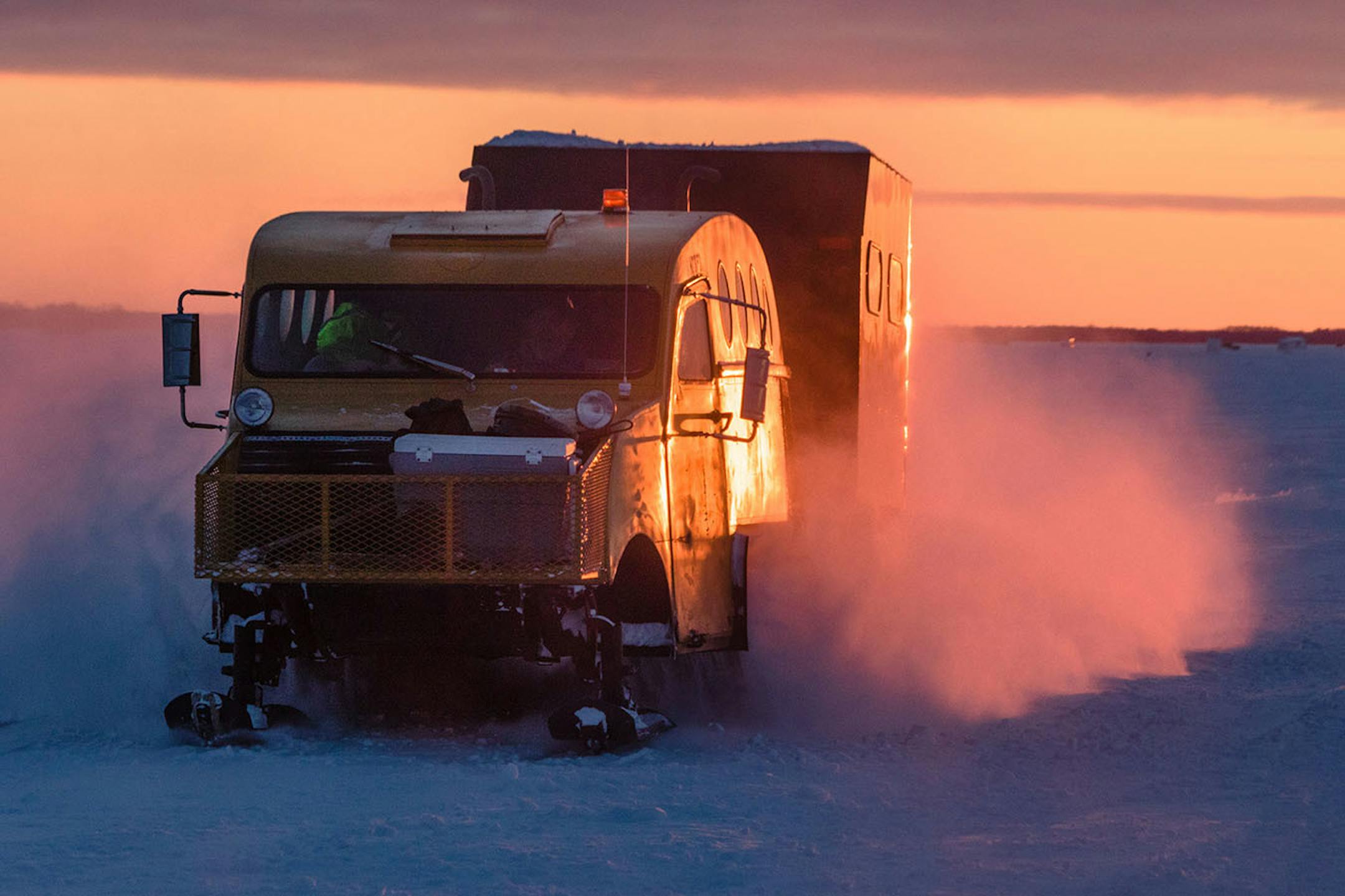 The guides pick up ice fishers around sunset, unless the customers paid for a sleeper ice house where they can spend the night on the lake.