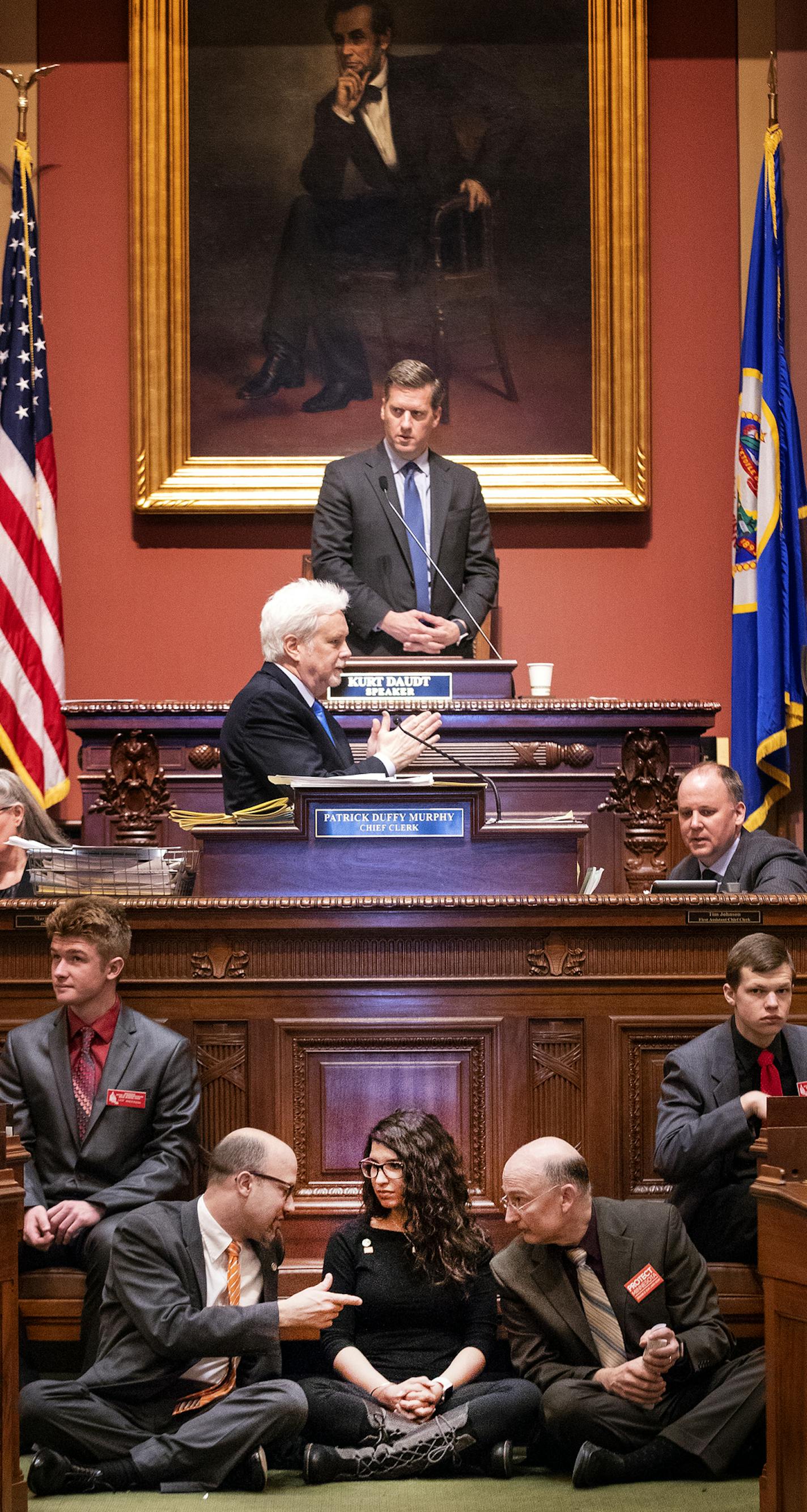 Rep. Erin Maye Quade of Apple Valley a DFL state lawmaker frustrated with the Minnesota Legislature&#x2019;s inaction on gun control proposals began a 24-hour sit-in on the floor of the state House on Tuesday on Tuesday. ] CARLOS GONZALEZ &#x2022; cgonzalez@startribune.com &#x2013; April 25, 2018, St. Paul, MN, Minnesota State Capitol, Rep. Erin Maye Quade of Apple Valley, 24-hour sit-in on the floor of the state House