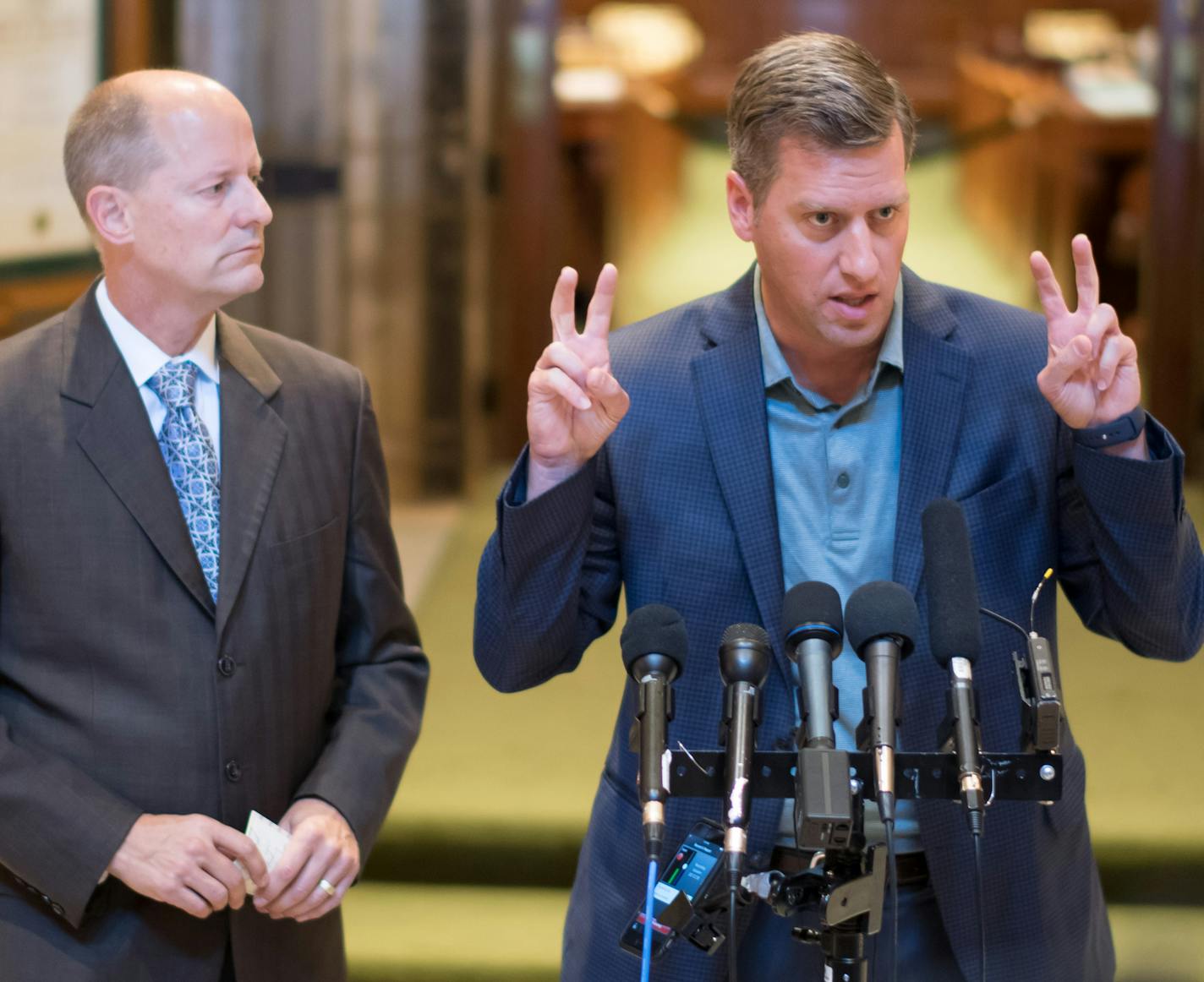 Senate Majority Leader Paul Gazelka and Speaker Kurt Daudt responded immediately to the Governor's statements in their own press conference outside House chamber. ] GLEN STUBBE &#x2022; glen.stubbe@startribune.com Friday September 22, 2017 Gov. Mark Dayton holds press conference in Governor's Reception Room after mediation breaks down with Legislature's GOP leaders. Speaker Daudt, Leader Gazelka newser to follow immediately outside House chamber.