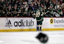 Kirill Kaprizov (97) of the Minnesota Wild celebrates with the bench after his third goal of the game for a hat trick in the third period Tuesday, May