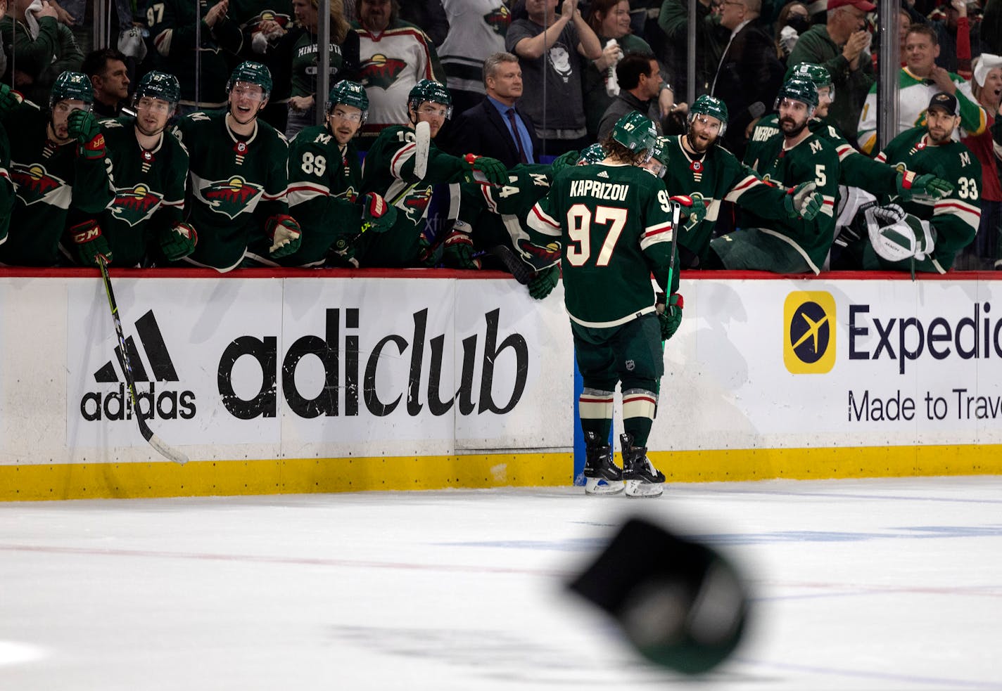 Kirill Kaprizov (97) of the Minnesota Wild celebrates with the bench after his third goal of the game for a hat trick in the third period Tuesday, May 4, at Xcel Energy Center in St. Paul, Minn. Game 2 of the NHL playoffs Minnesota Wild vs. St. Louis Blues. ] CARLOS GONZALEZ • carlos.gonzalez@startribune.com