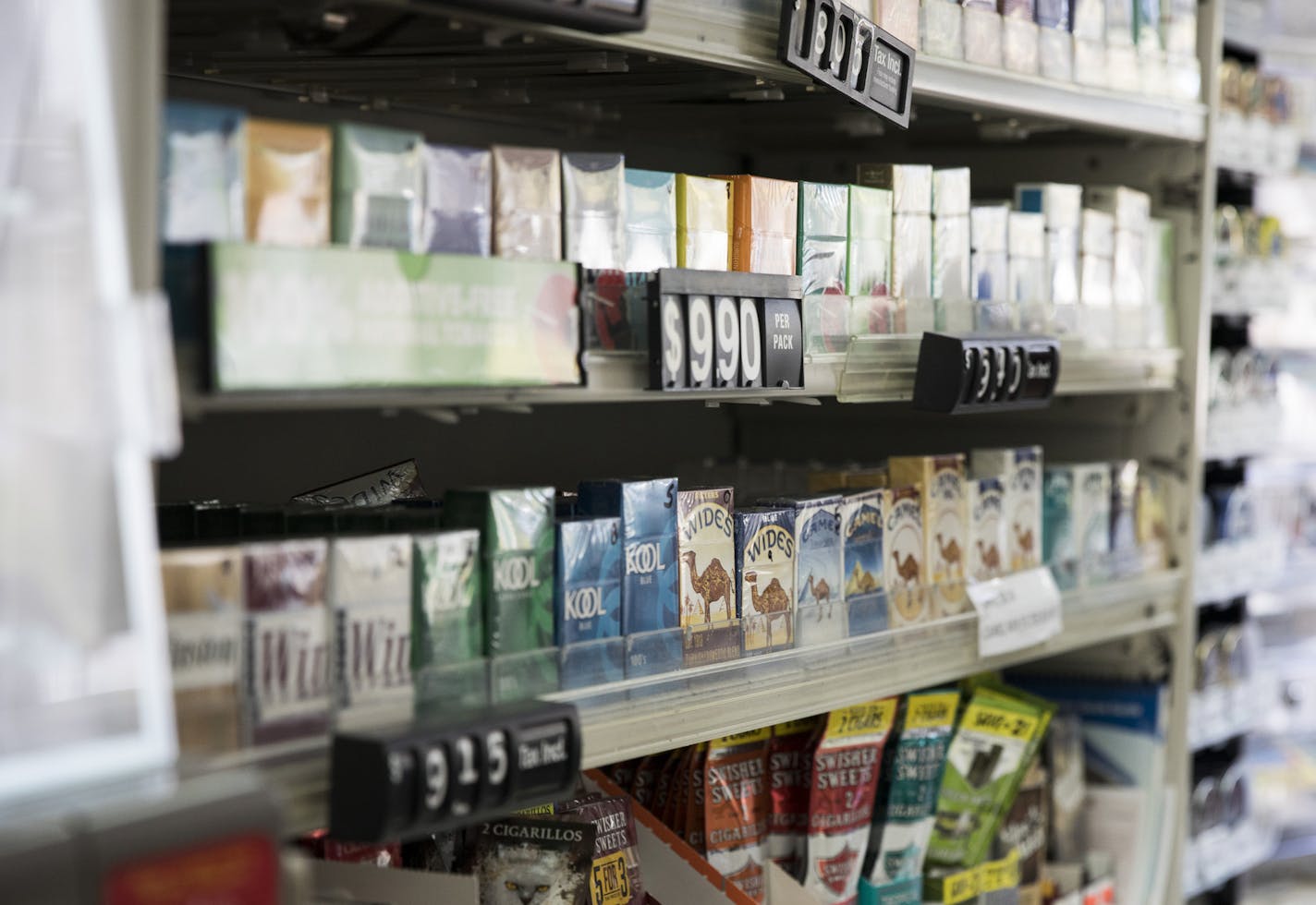 A wall of cigarettes at Vernon BP gas station in Edina, Minn., on Tuesday, May 2, 2017.