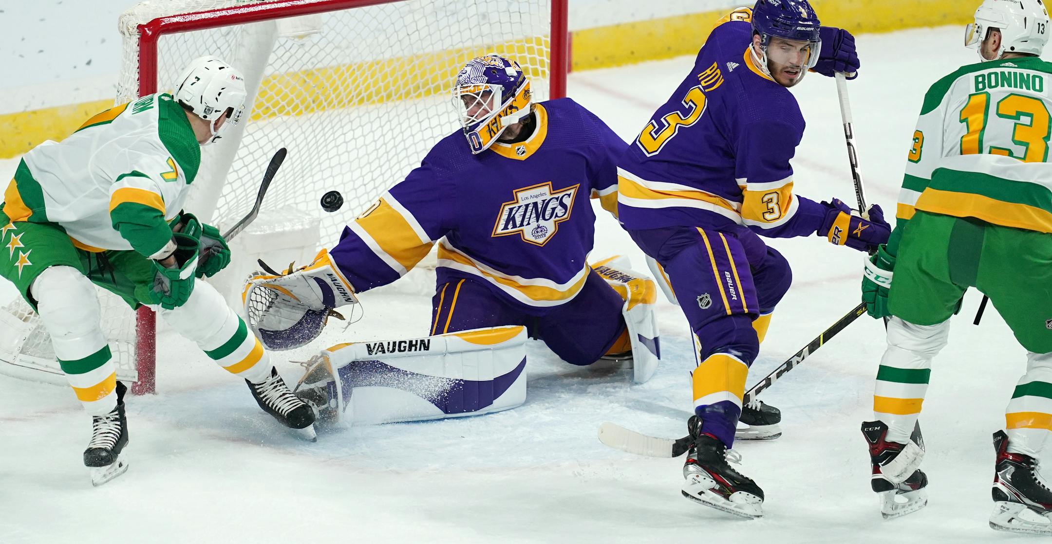 Minnesota Wild center Nico Sturm scored past Los Angeles Kings goaltender Calvin Petersen in the first period.