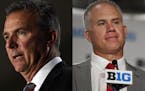 Ohio State coach Urban Meyer, left, is on administative leave with the Buckeyes' opener on Sept. 1. Maryland coach DJ Durkin, also on administrative l